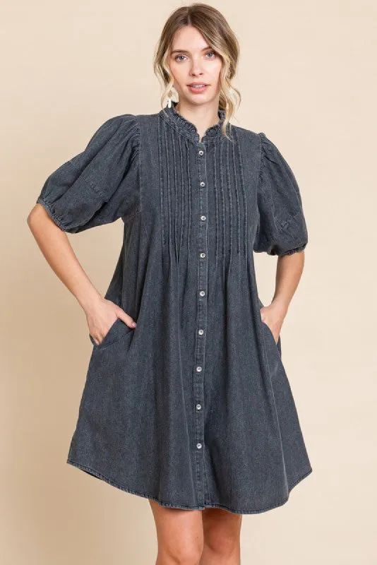 Black Button Down Puff Sleeve Dress sold by Pinkblush
