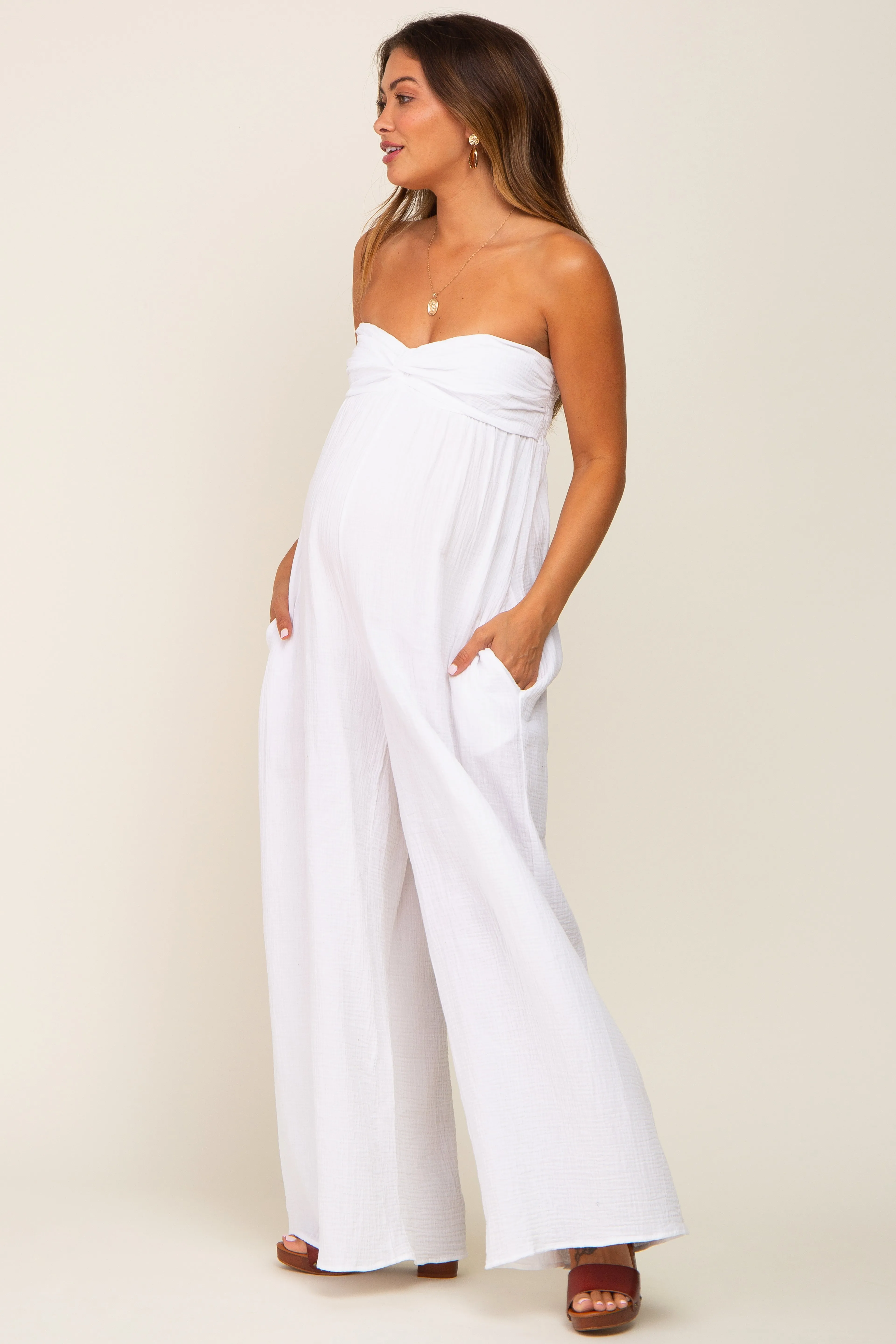 White Strapless Front Twist Maternity Jumpsuit sold by Pinkblush product image thumbnail 5