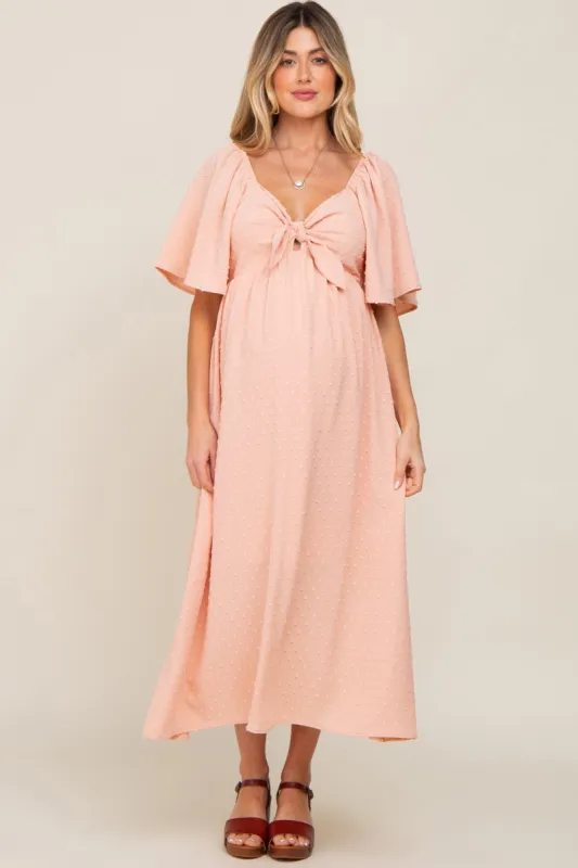 Peach Textured Dot Front Tie Ruffle Sleeve Maternity Midi Dress sold by Pinkblush