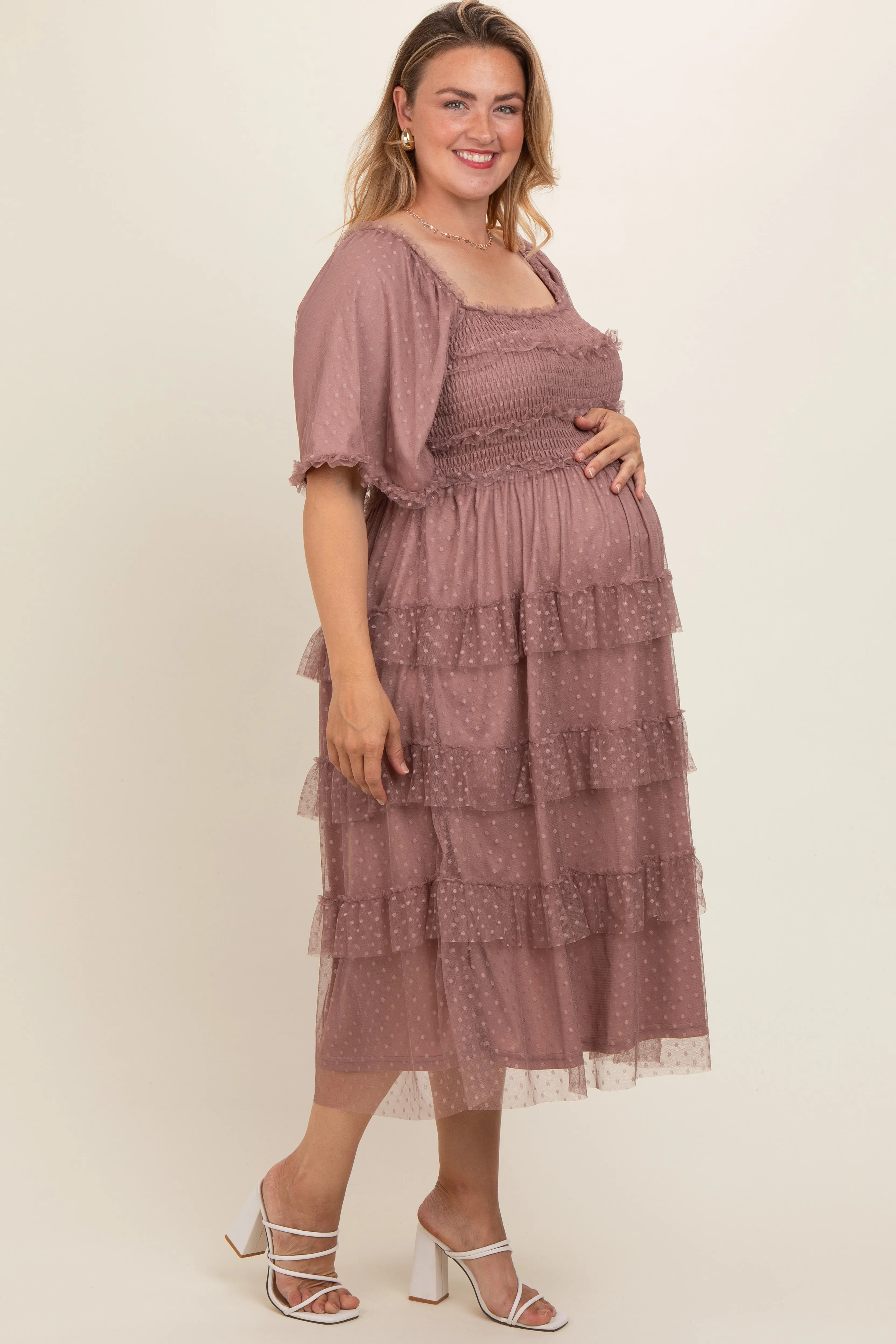 Pink Swiss Dot Smocked Tiered Maternity Plus Midi Dress sold by Pinkblush product image thumbnail 3