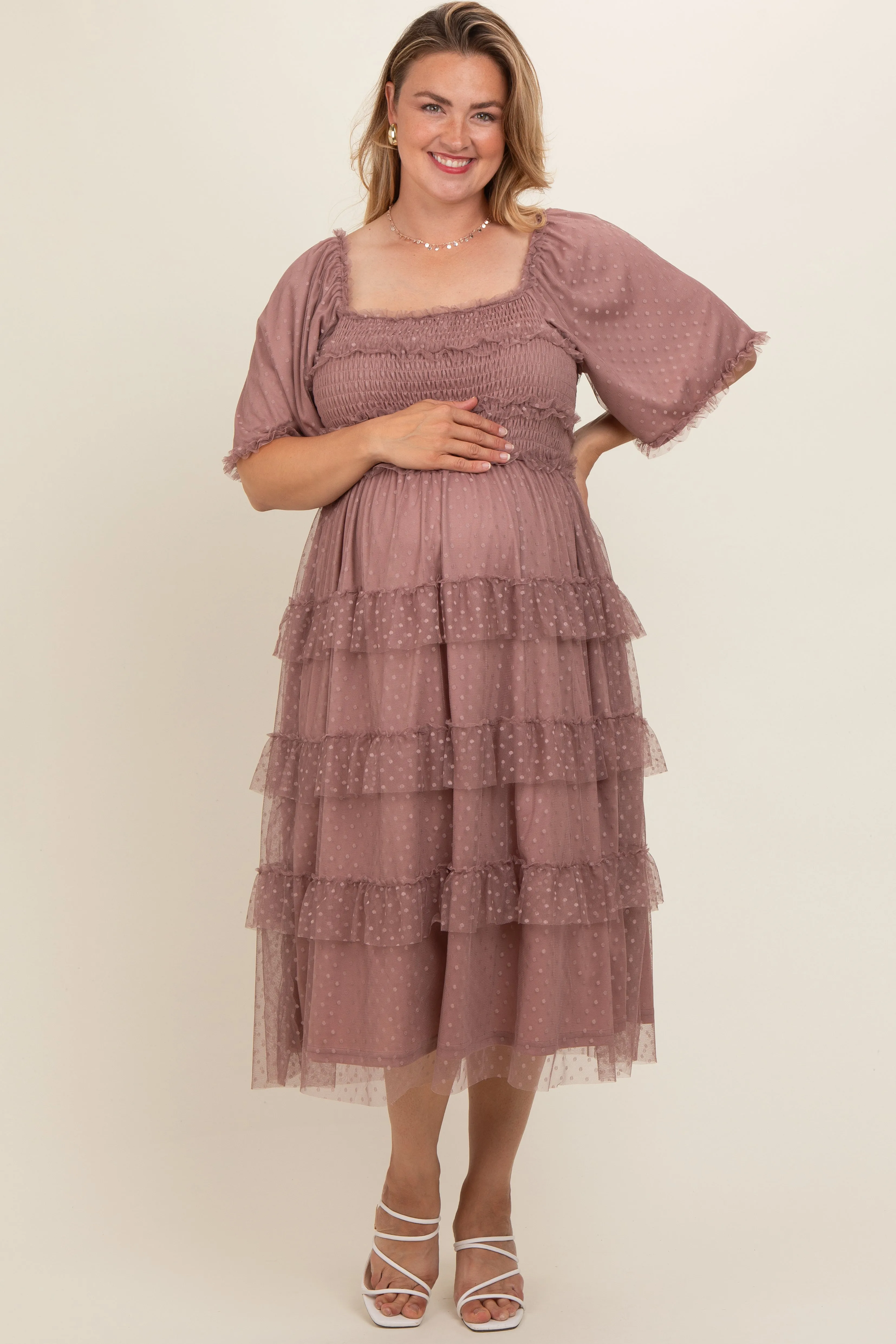 Pink Swiss Dot Smocked Tiered Maternity Plus Midi Dress sold by Pinkblush