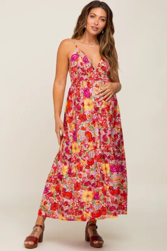 Red Floral Open Back Maternity Maxi Dress sold by Pinkblush