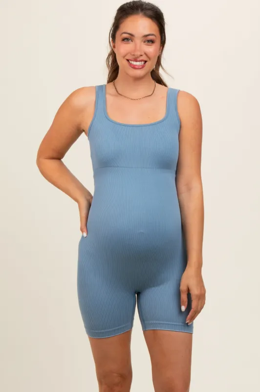 Blue Ribbed Essential Body Sculpt Maternity Romper sold by Pinkblush