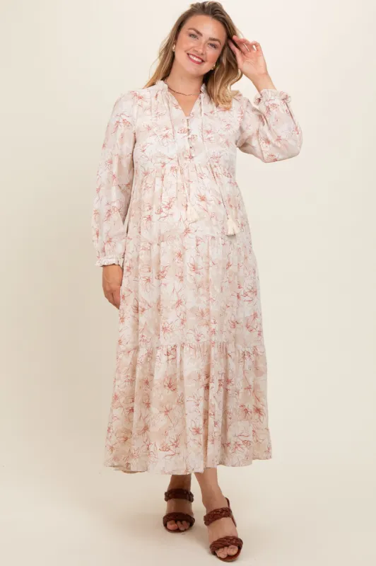Rust Floral Tassel Tiered Long Sleeve Plus Maternity Maxi Dress sold by Pinkblush