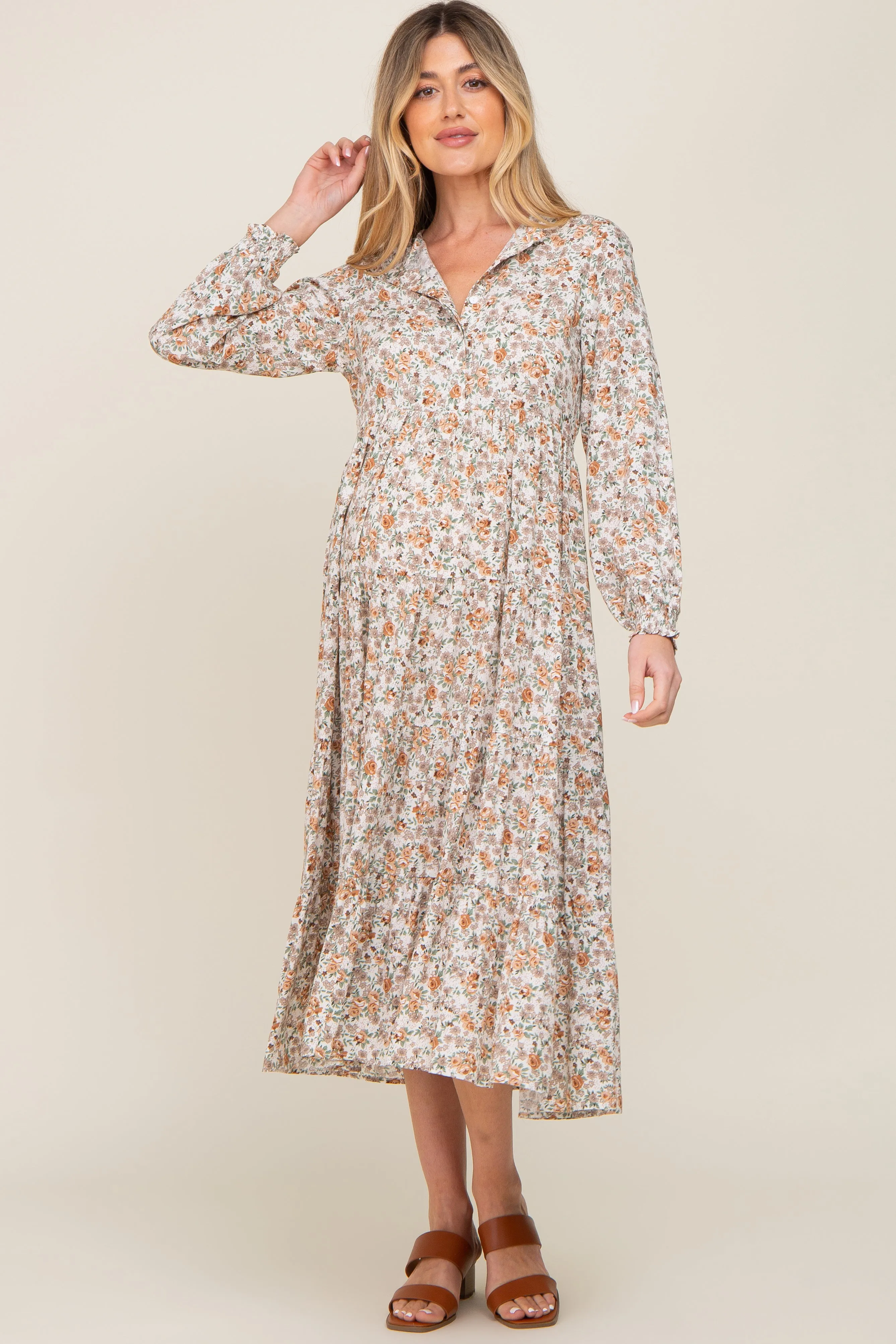Beige Floral Button Front Long Sleeve Tiered Maternity Midi Dress sold by Pinkblush product image thumbnail 5