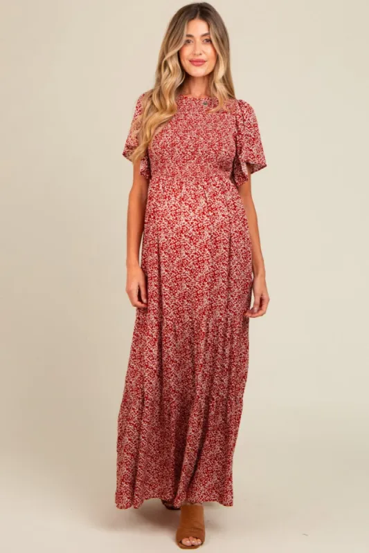 Burgundy Floral Smocked Flutter Sleeve Maternity Maxi Dress sold by Pinkblush