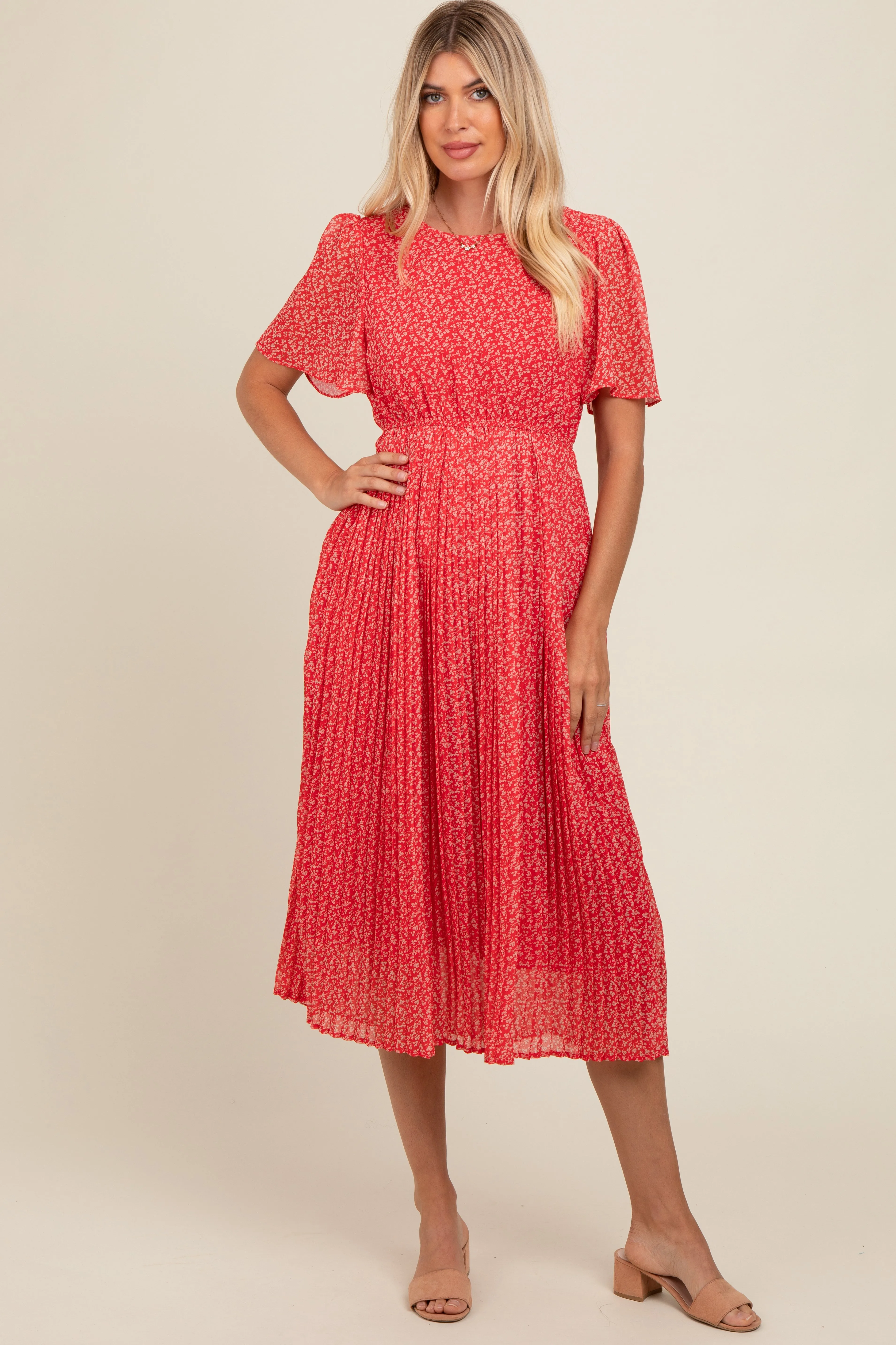 Red Floral Pleated Midi Dress sold by Pinkblush product image thumbnail 2