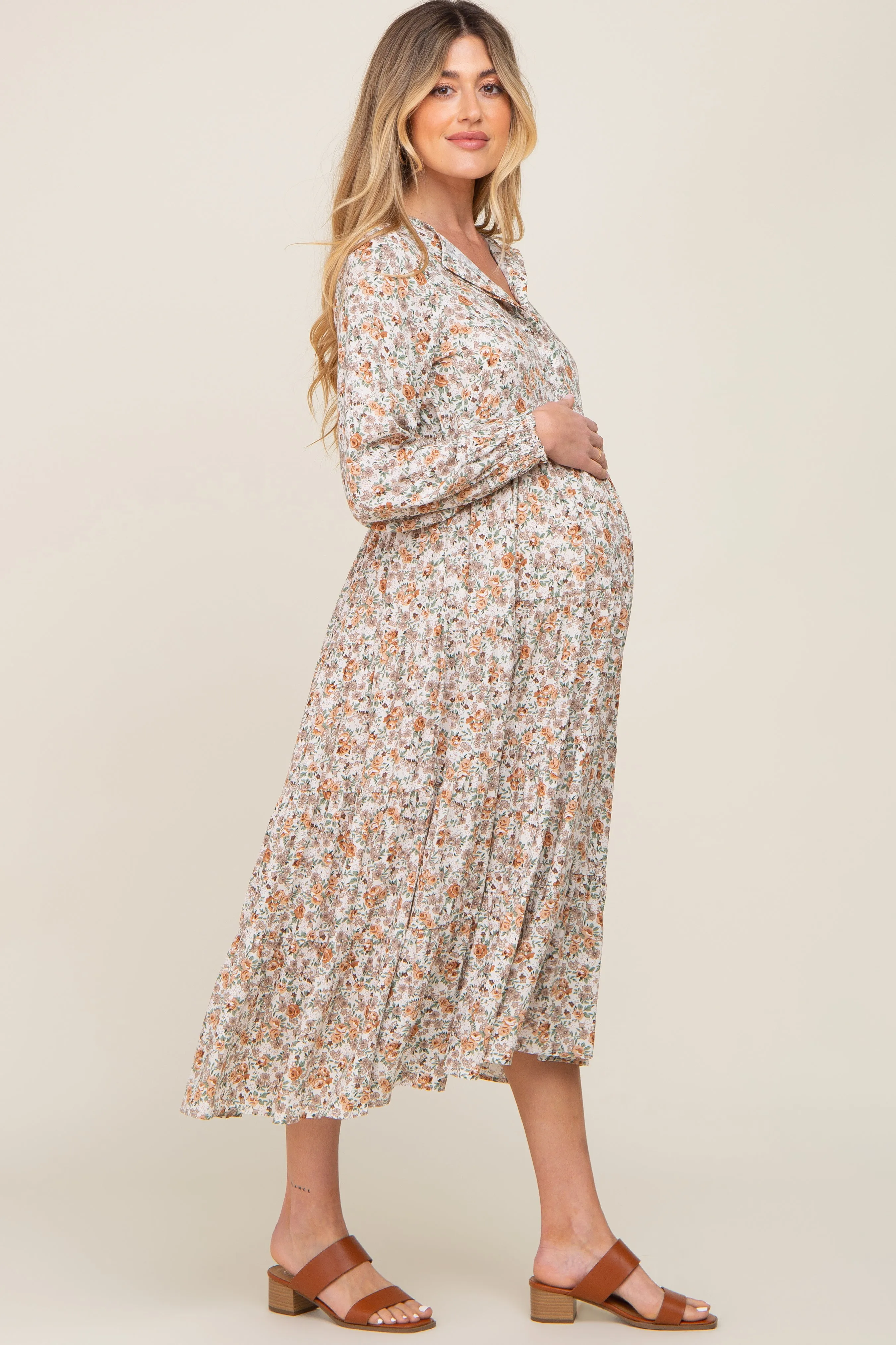 Beige Floral Button Front Long Sleeve Tiered Maternity Midi Dress sold by Pinkblush product image thumbnail 2