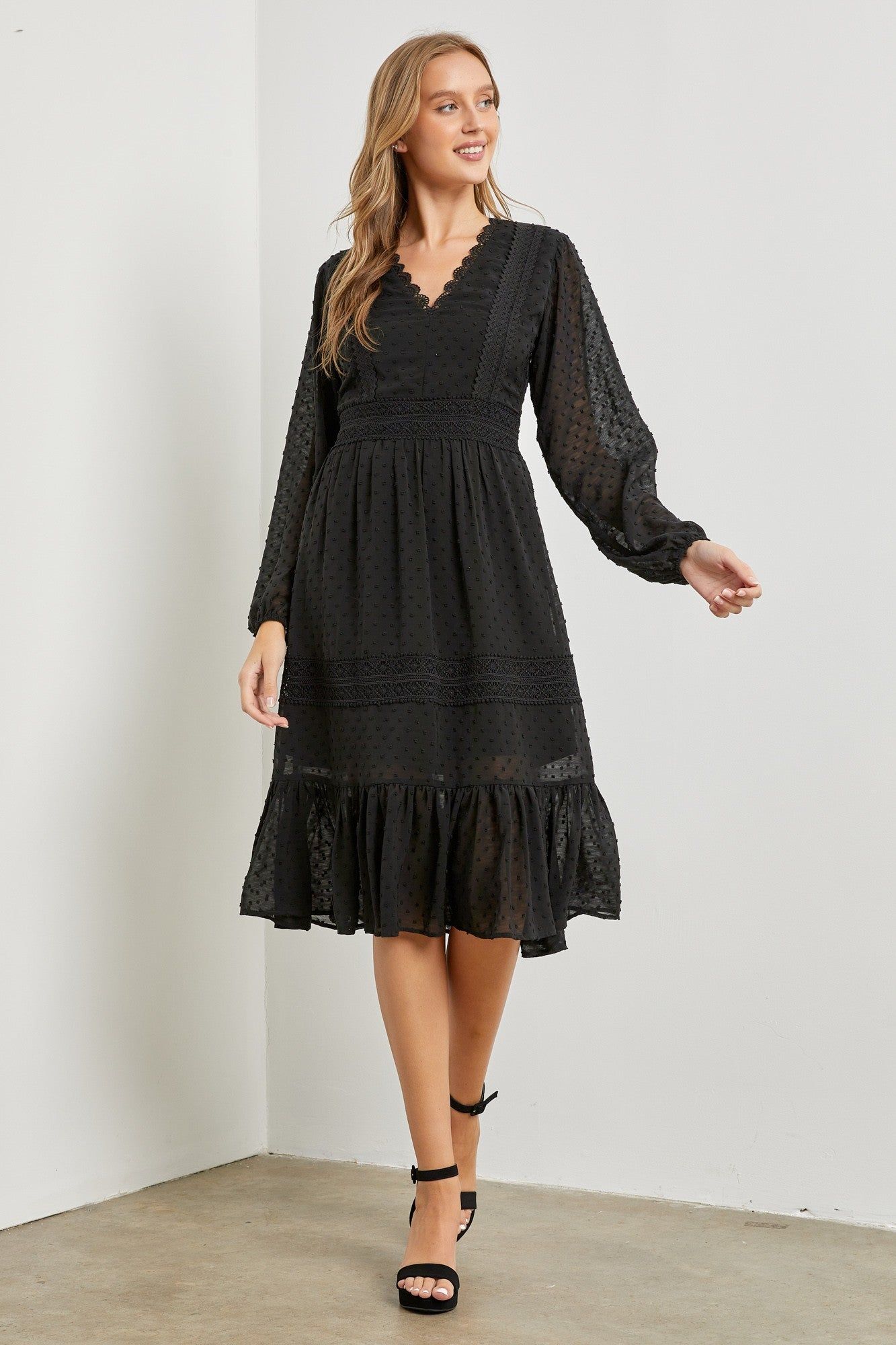 Black Woven Long Sleeve Midi Dress sold by Pinkblush