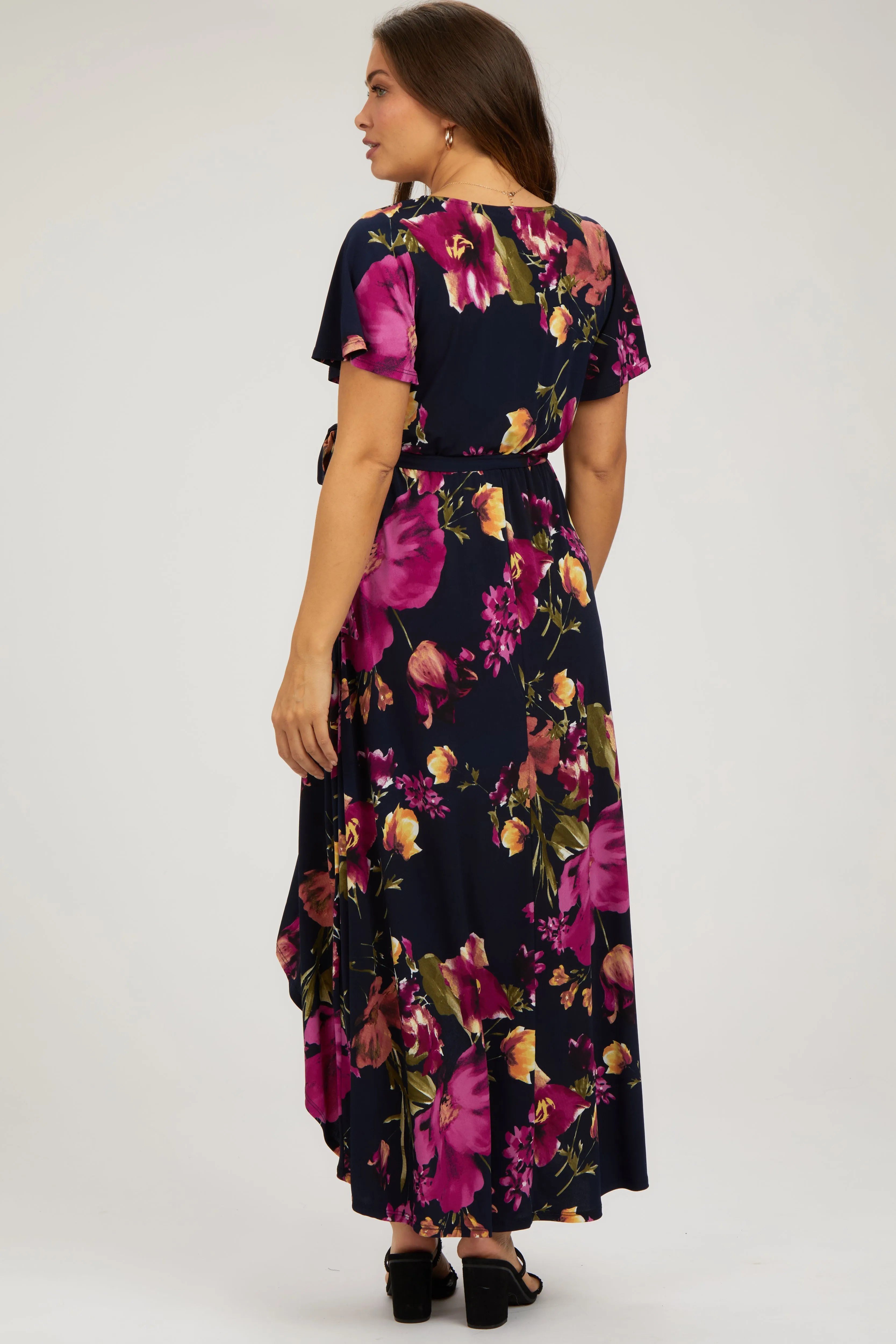 Navy Blue Floral Print Wrap Front V-Neck Hi-Low Maternity Midi Dress sold by Pinkblush product image thumbnail 2