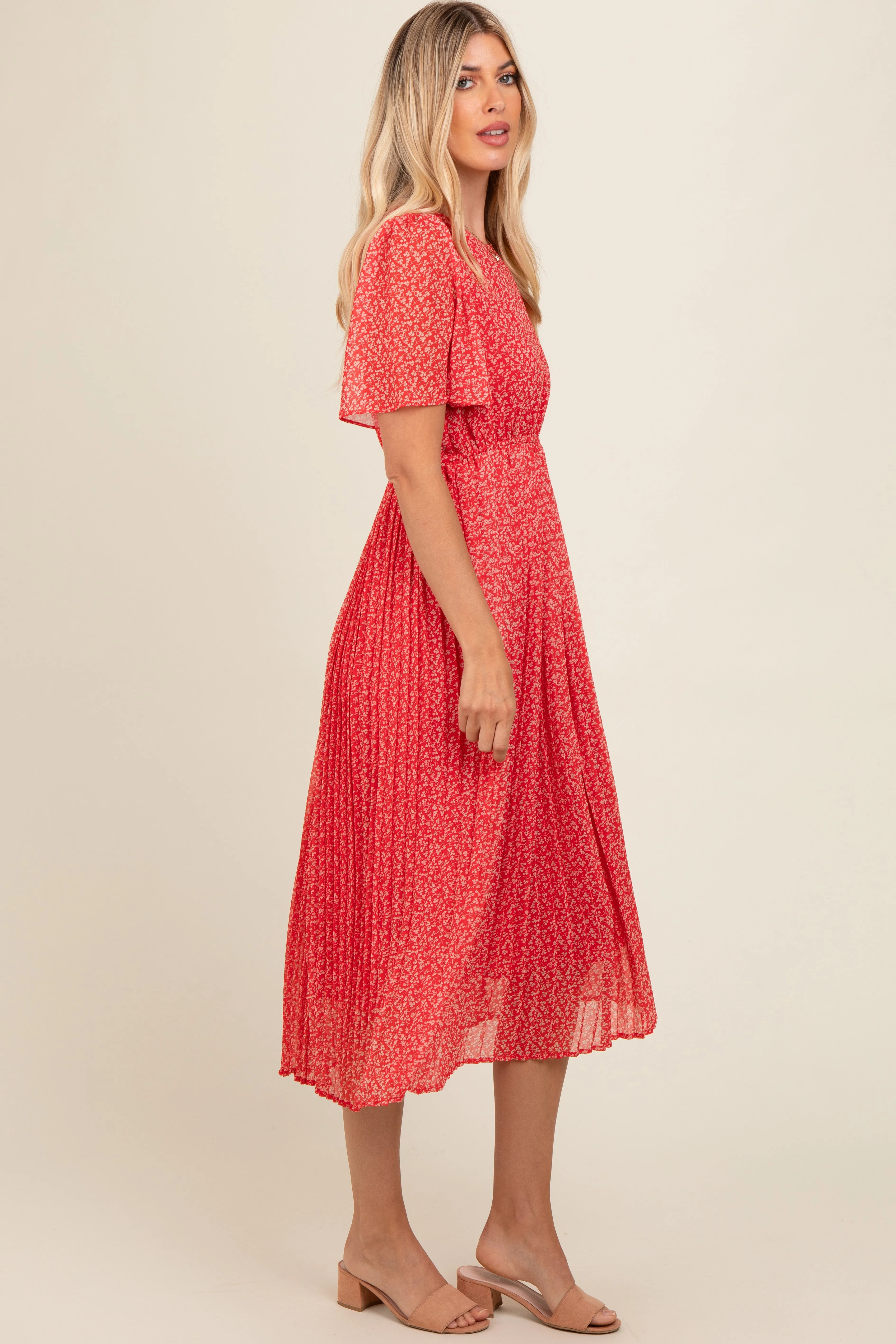 Red Floral Pleated Midi Dress sold by Pinkblush product image thumbnail 3