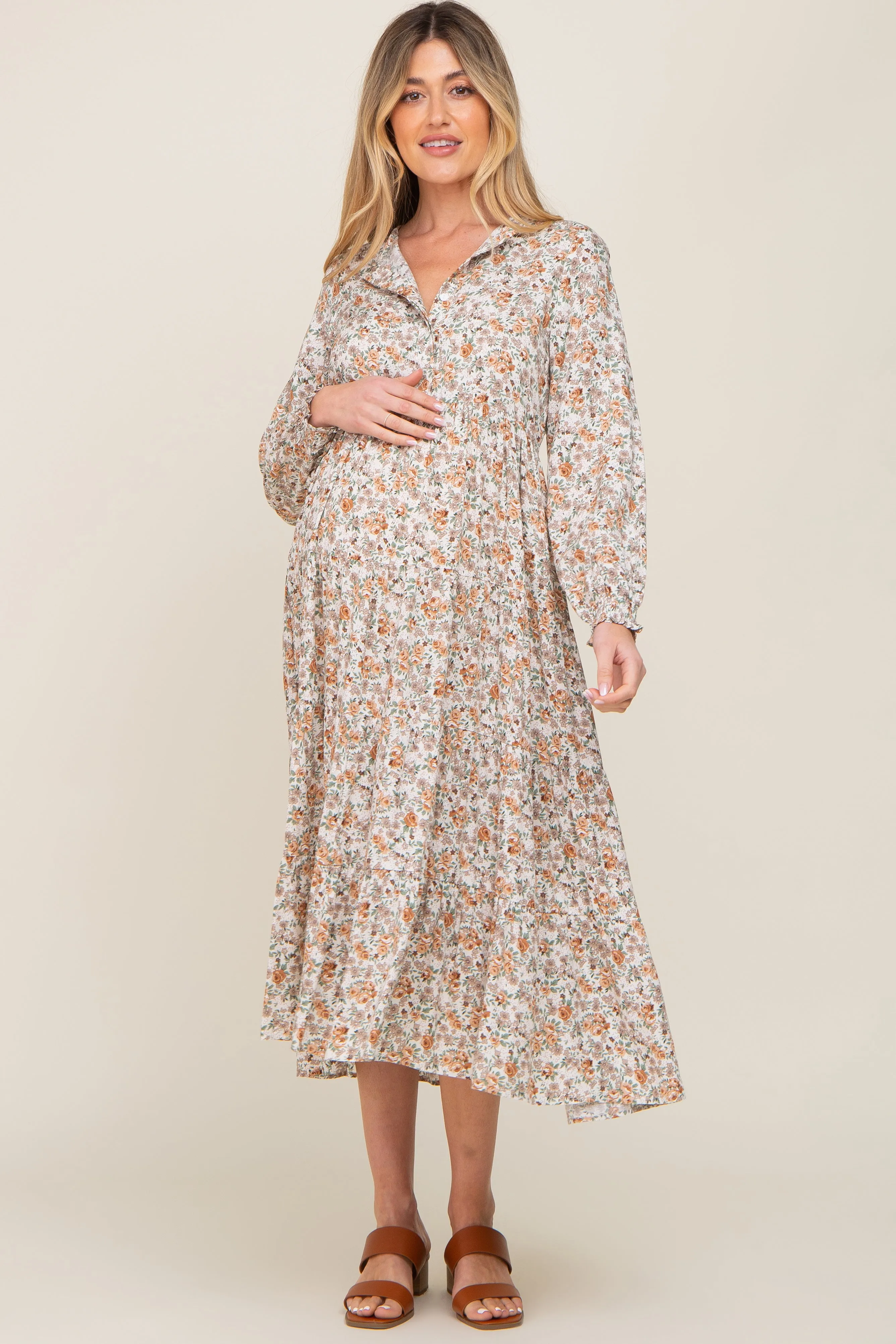 Beige Floral Button Front Long Sleeve Tiered Maternity Midi Dress sold by Pinkblush product image thumbnail 4