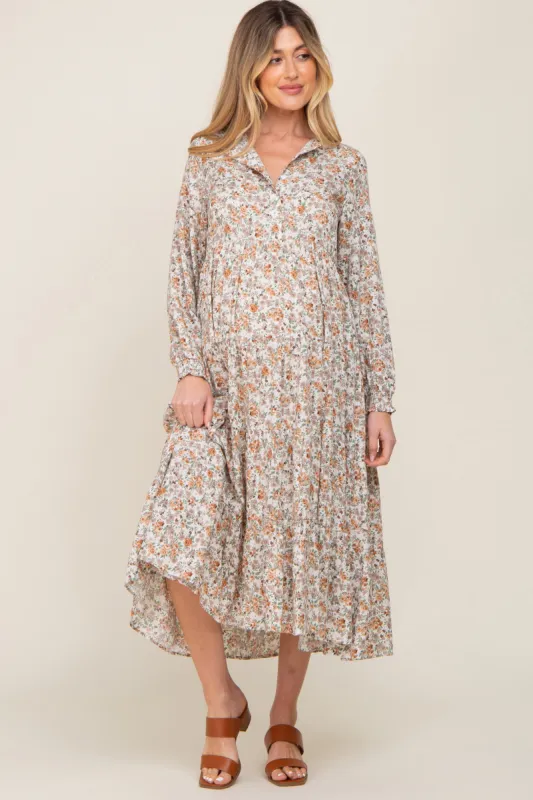 Beige Floral Button Front Long Sleeve Tiered Maternity Midi Dress sold by Pinkblush