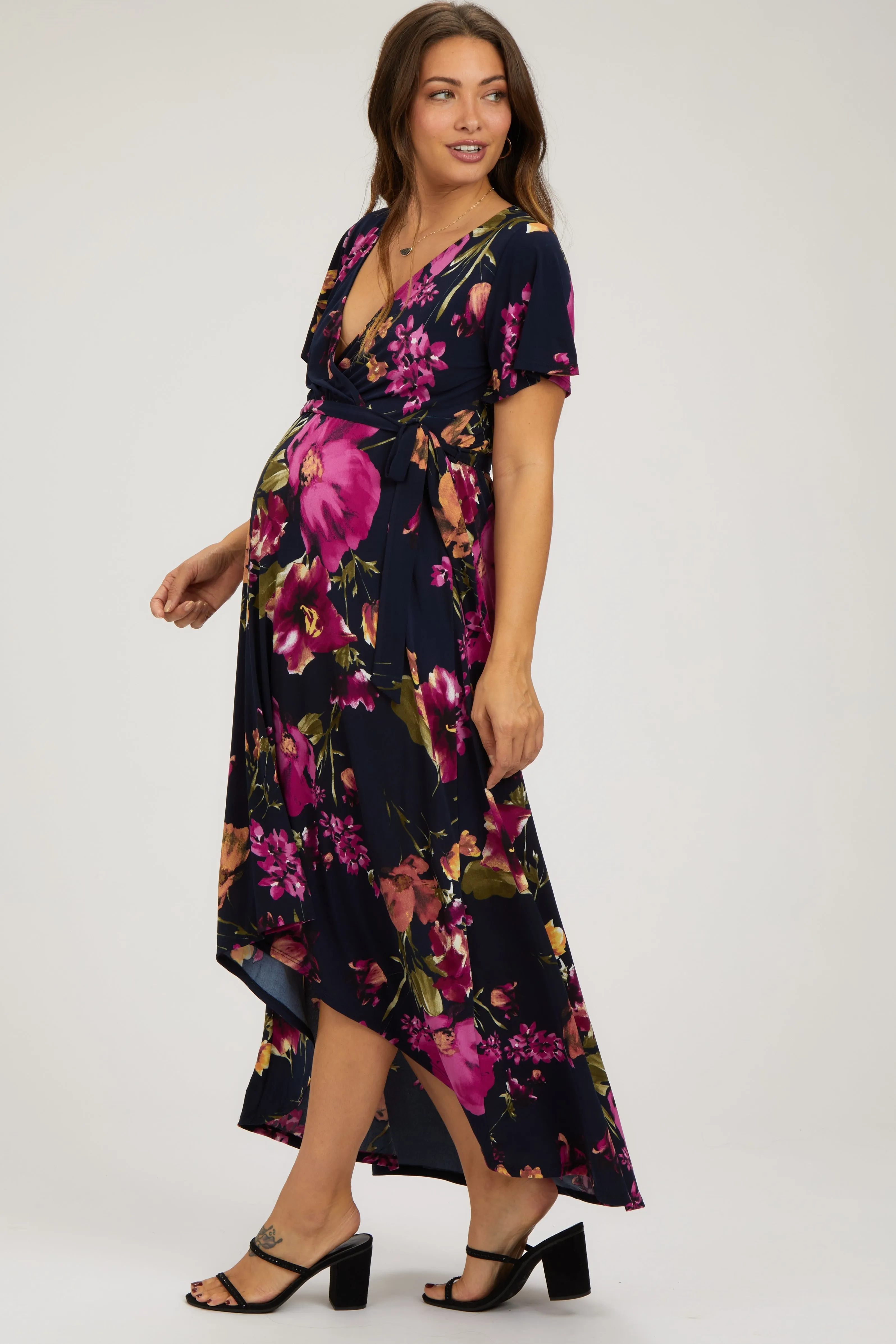 Navy Blue Floral Print Wrap Front V-Neck Hi-Low Maternity Midi Dress sold by Pinkblush product image thumbnail 3