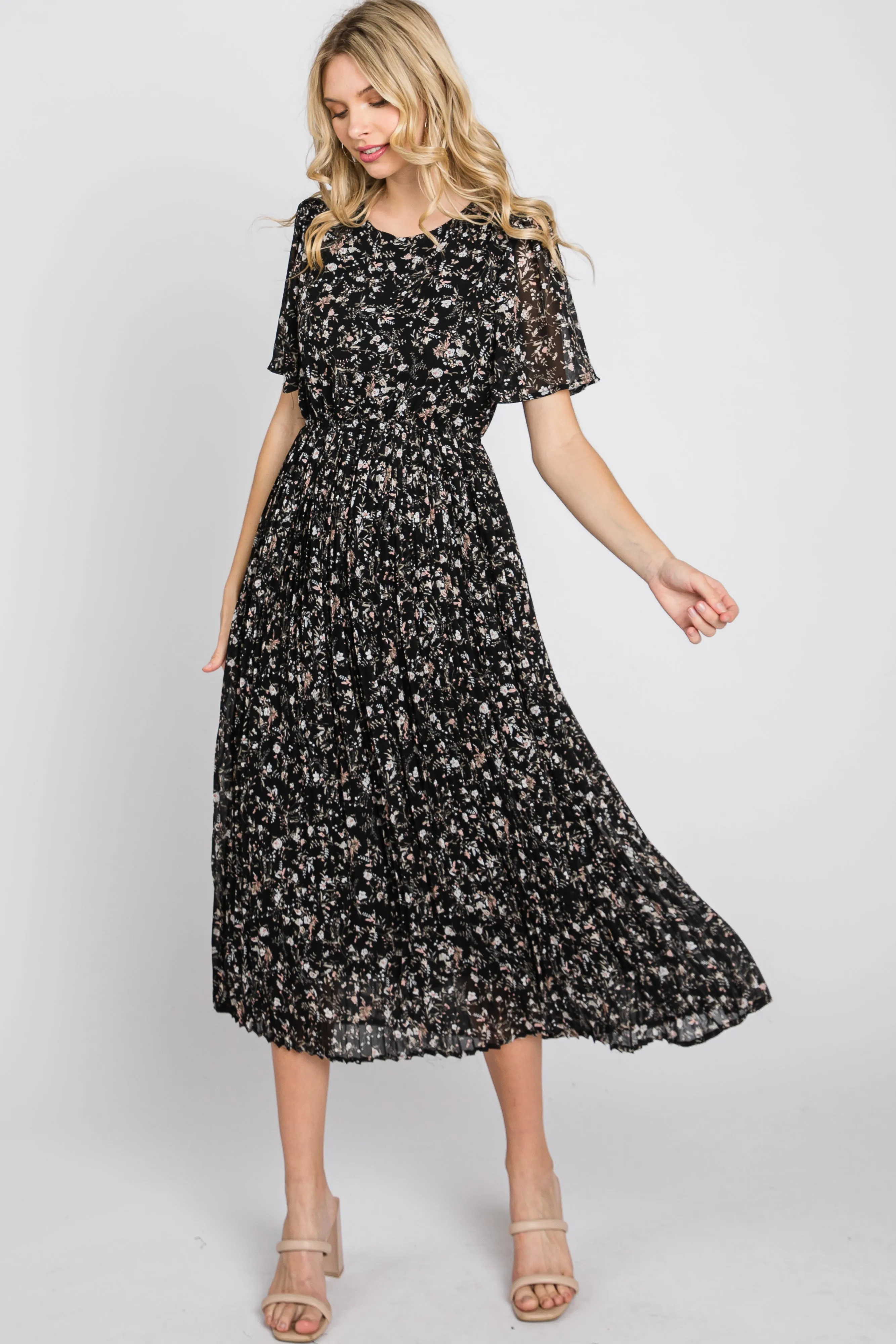 Black Floral Pleated Short Sleeve Chiffon Midi Dress sold by Pinkblush