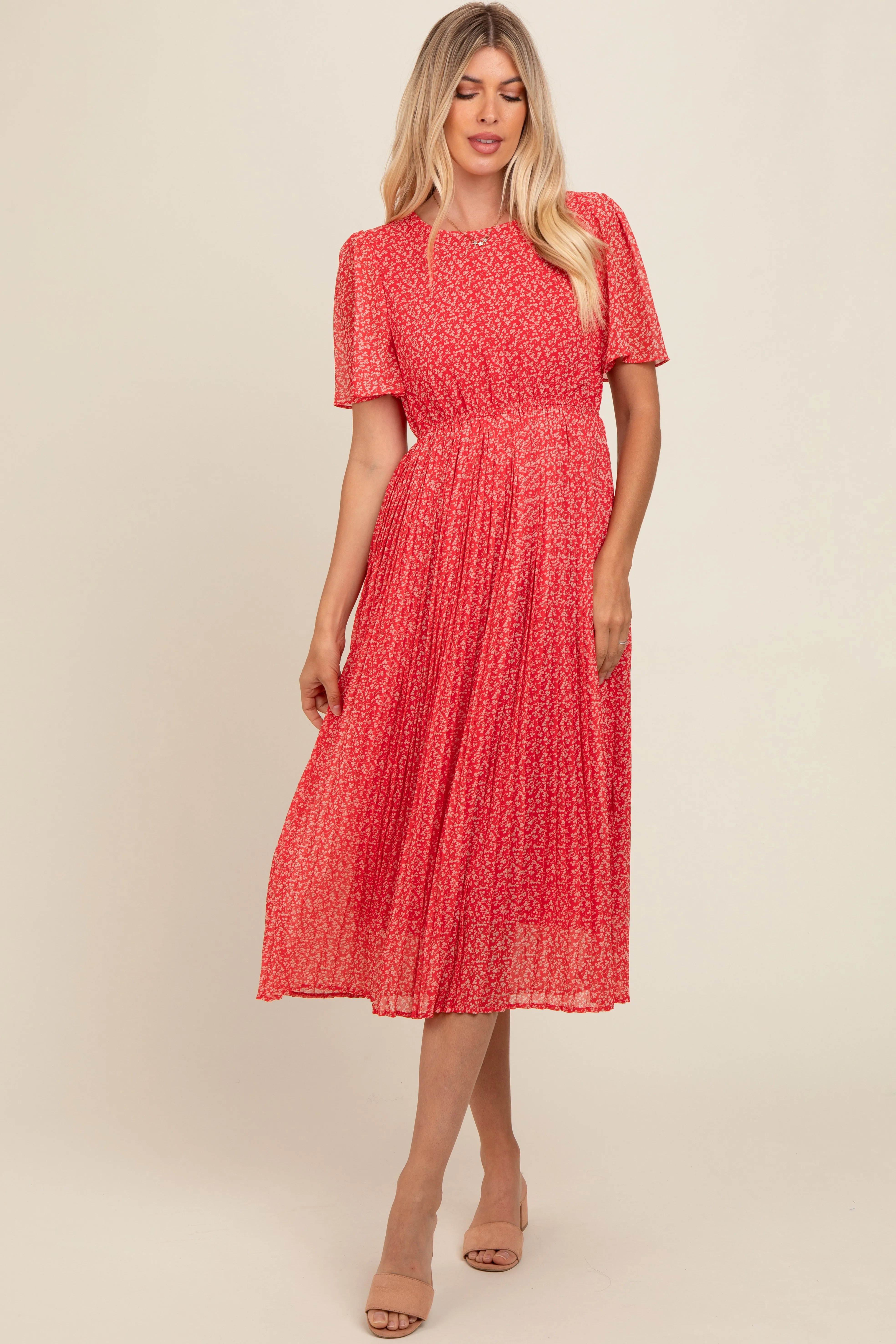 Red Floral Pleated Midi Dress sold by Pinkblush
