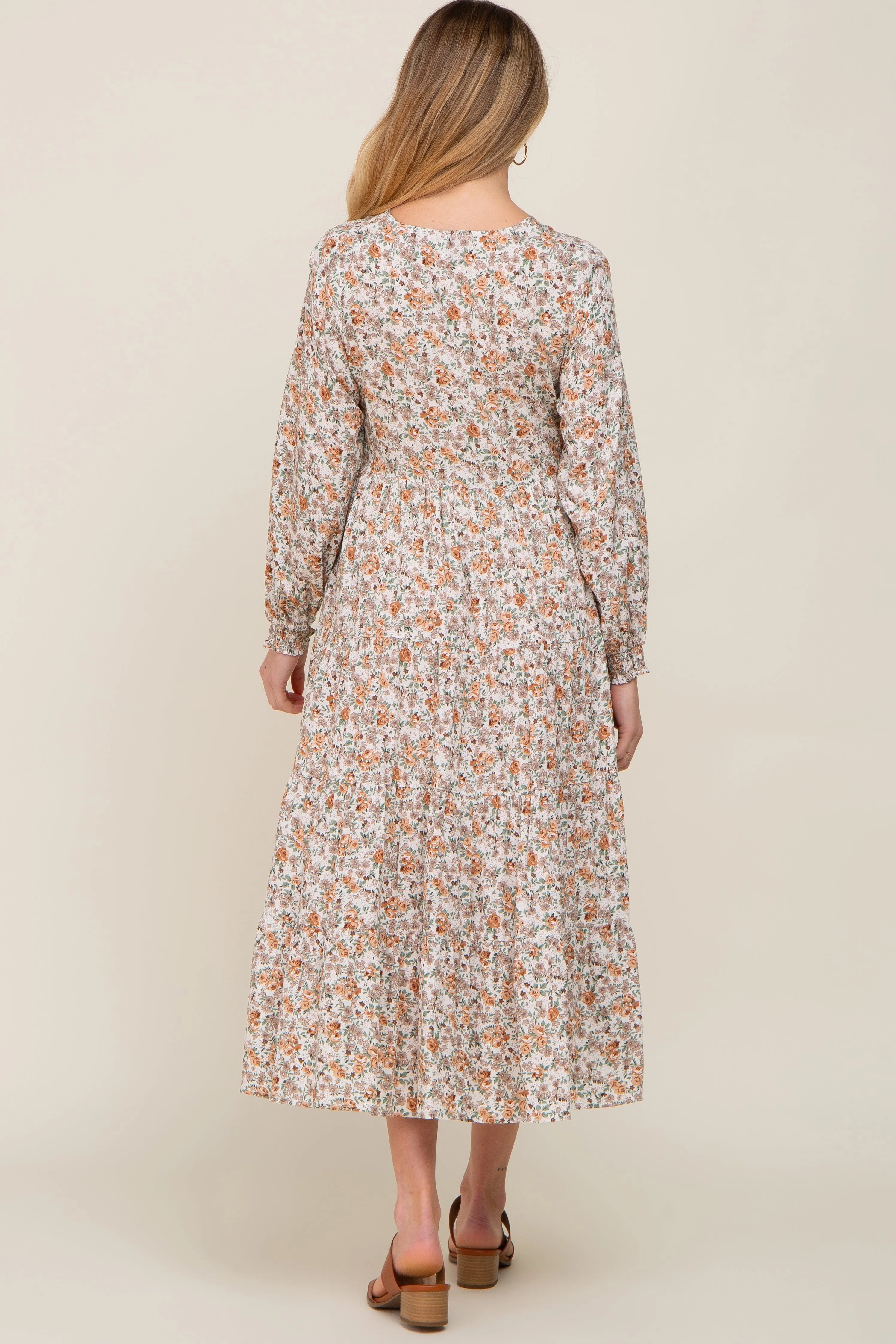 Beige Floral Button Front Long Sleeve Tiered Maternity Midi Dress sold by Pinkblush product image thumbnail 3