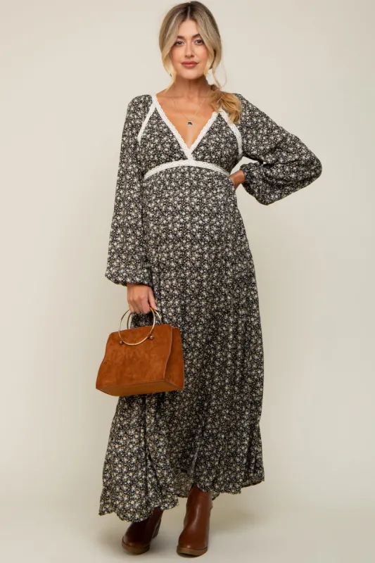 Black Floral Lace Accent Side Slit Maternity Maxi Dress sold by Pinkblush