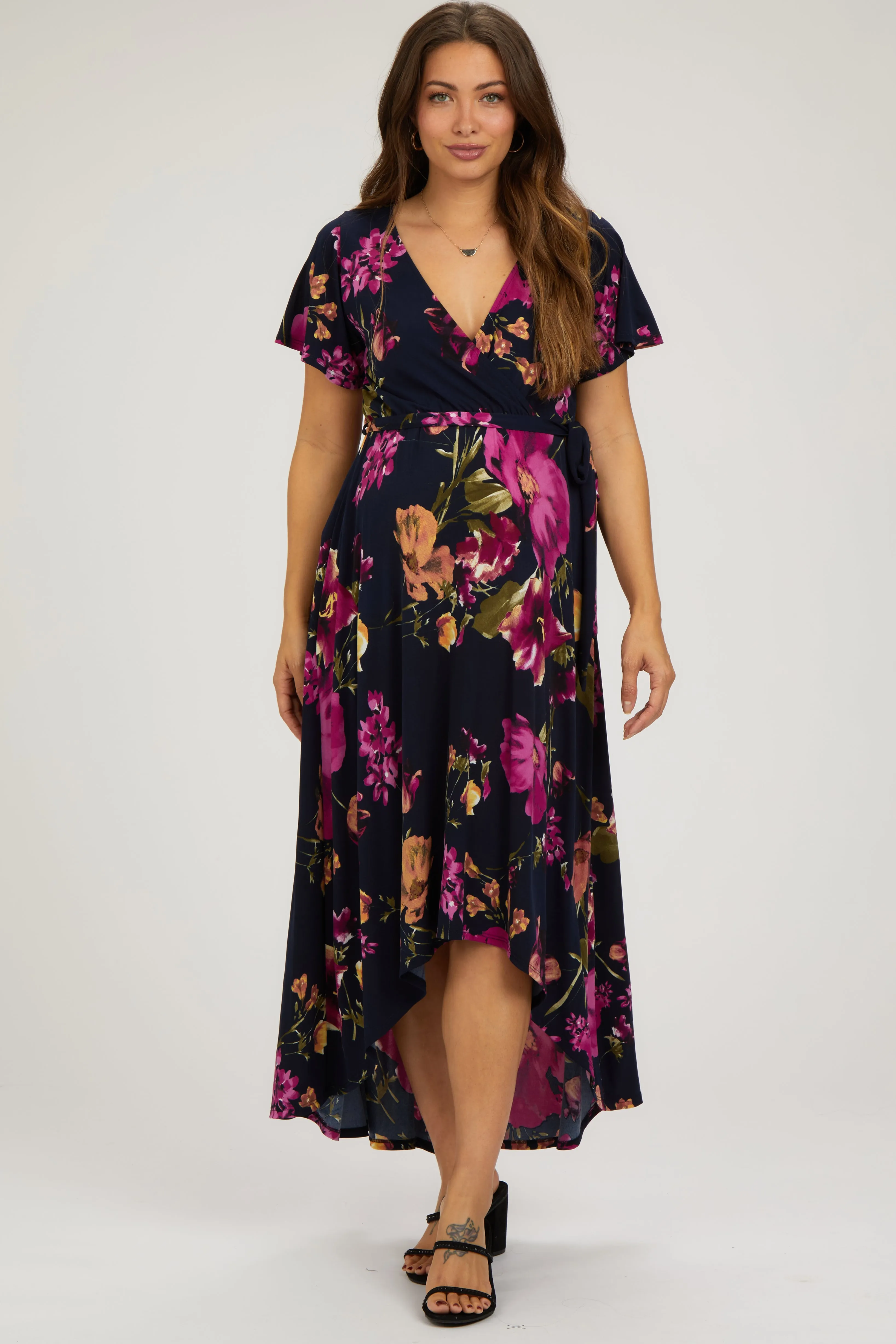Navy Blue Floral Print Wrap Front V-Neck Hi-Low Maternity Midi Dress sold by Pinkblush