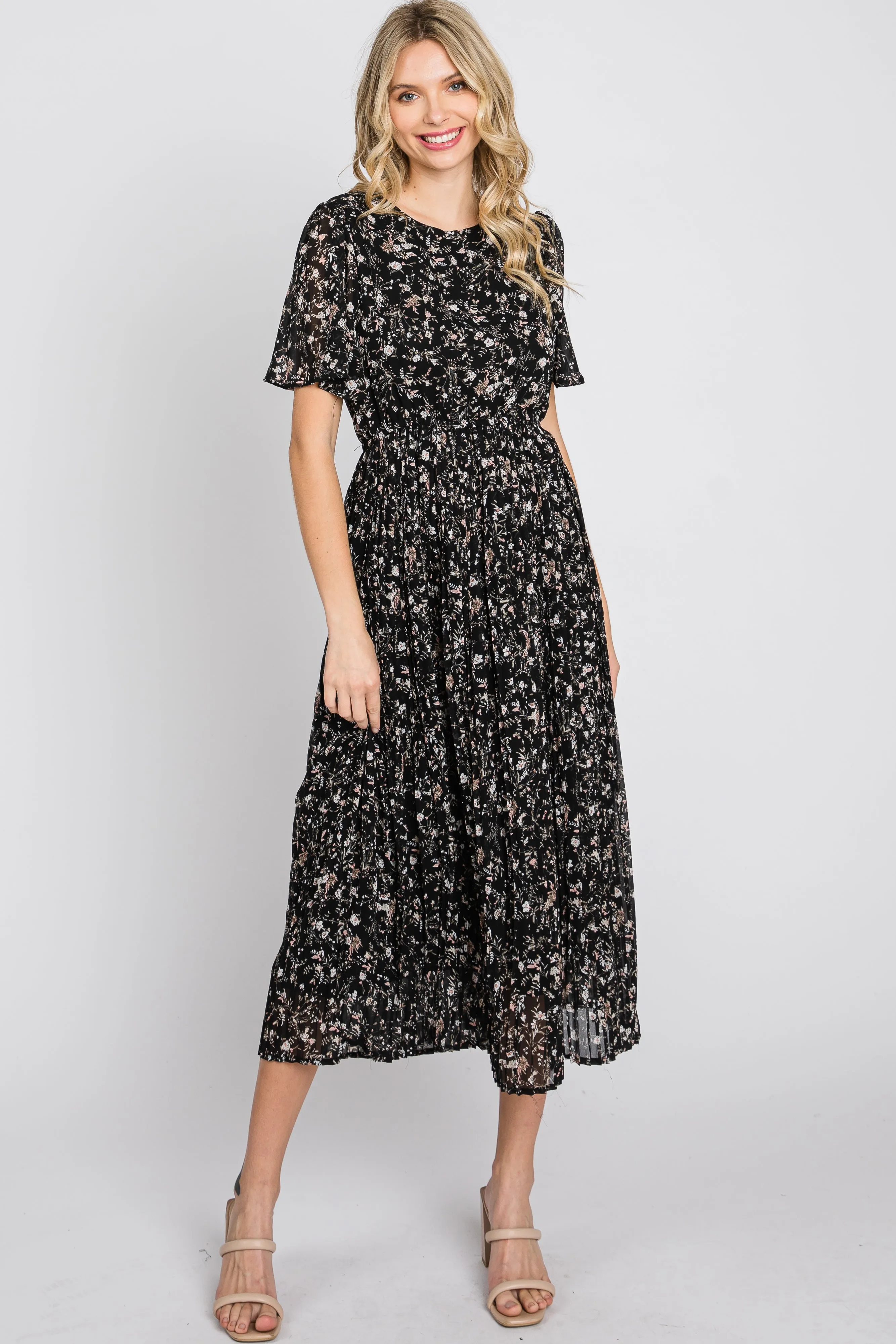Black Floral Pleated Short Sleeve Chiffon Midi Dress sold by Pinkblush product image thumbnail 2