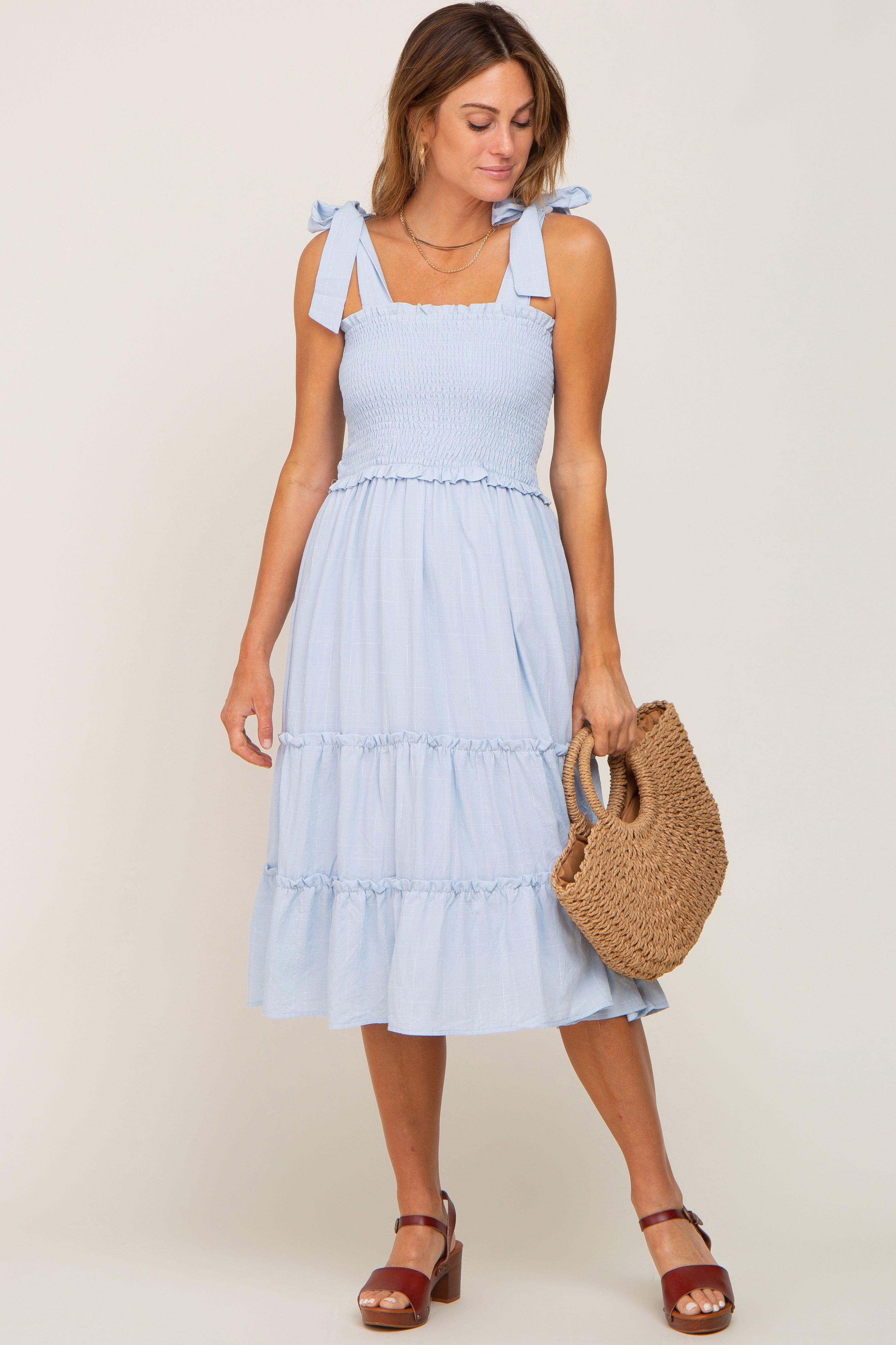 Blue Square Print Smocked Tie Strap Midi Dress sold by Pinkblush