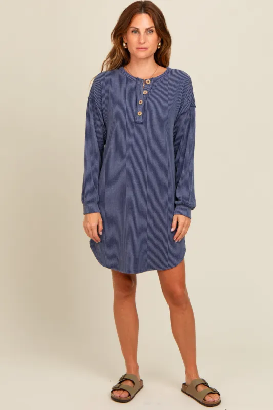 Navy Ribbed Button Accent Dress sold by Pinkblush