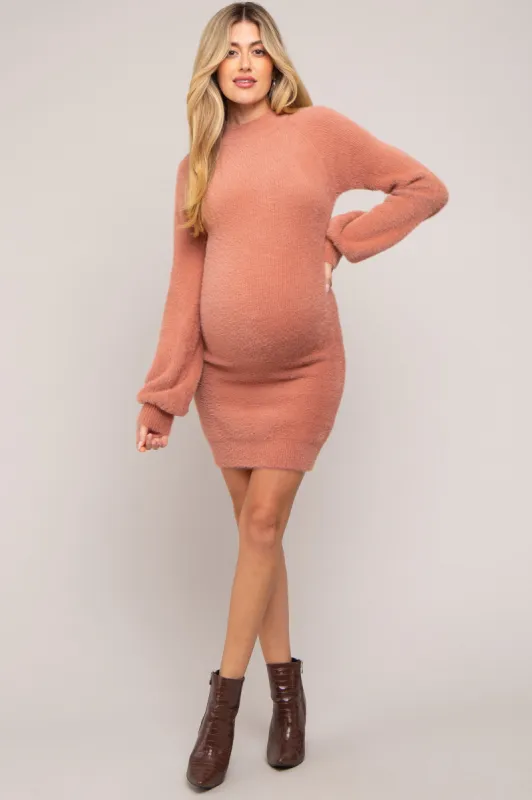 Mauve Fuzzy Knit Puff Sleeve Maternity Sweater Dress sold by Pinkblush