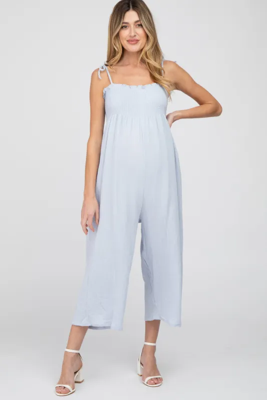 Light Blue Gauze Smocked Tie Strap Maternity Jumpsuit sold by Pinkblush