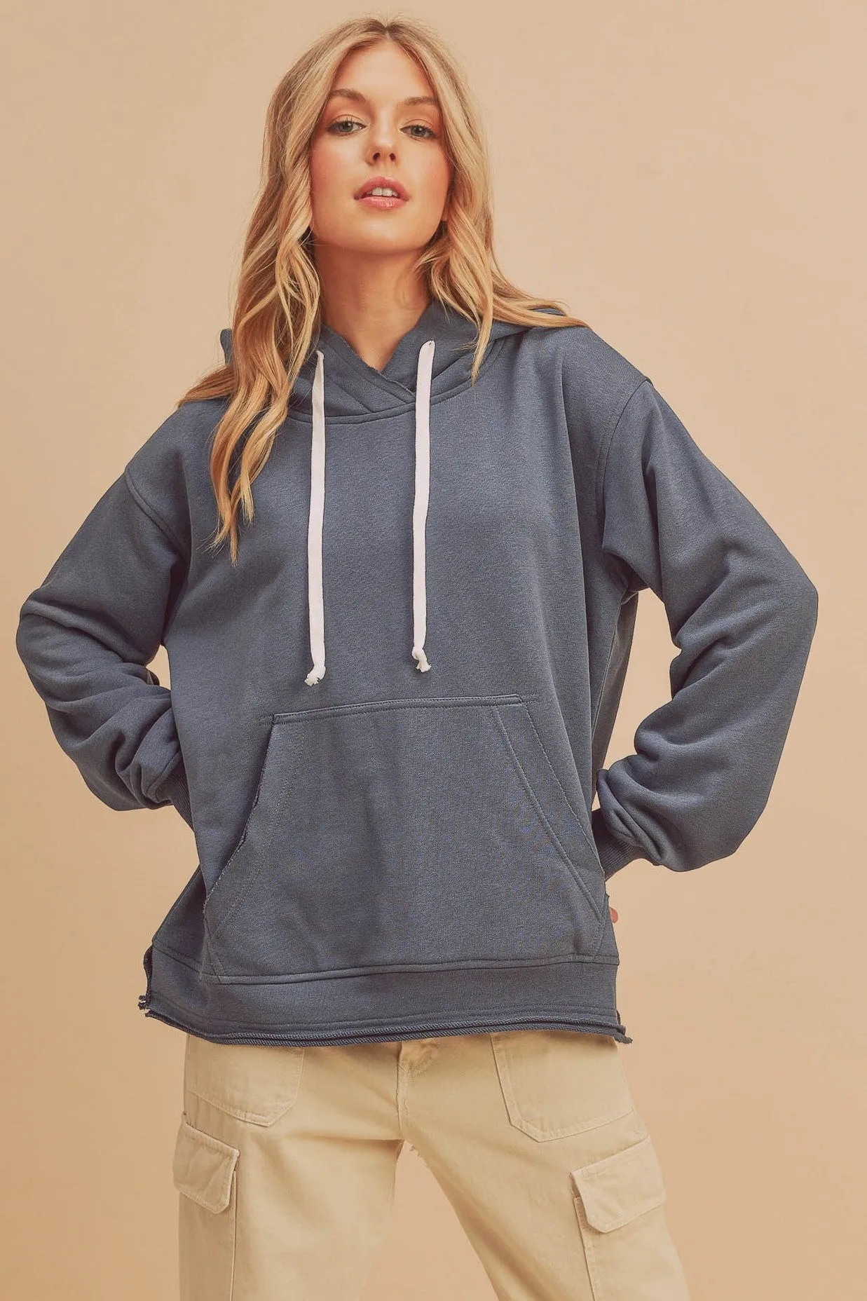 Blue Raw Edge Trim Drawstring Hoodie sold by Pinkblush
