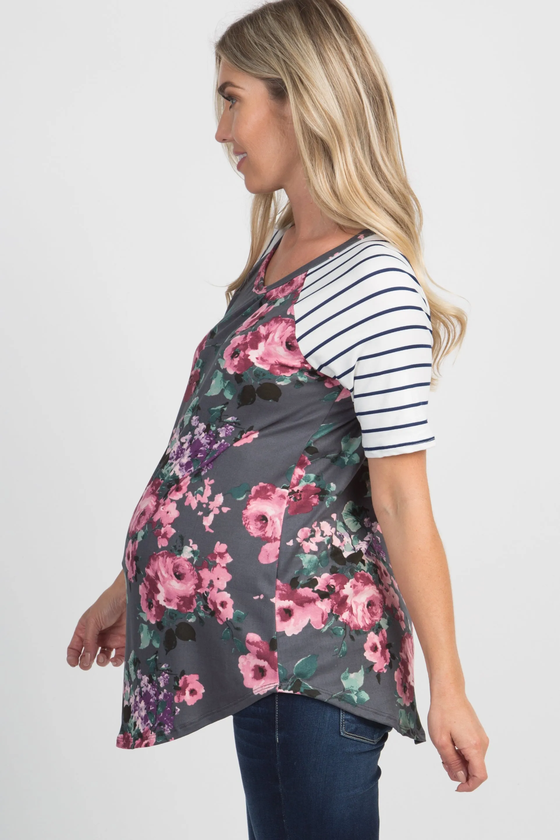 Charcoal Floral Colorblock Striped Maternity Top sold by Pinkblush product image thumbnail 2