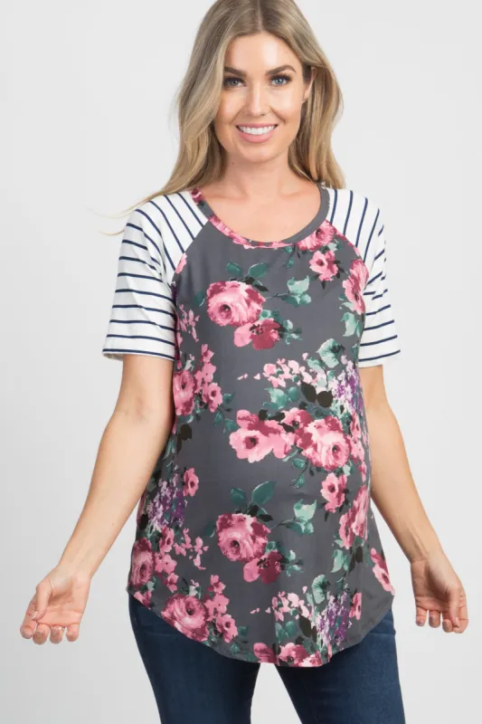 Charcoal Floral Colorblock Striped Maternity Top sold by Pinkblush