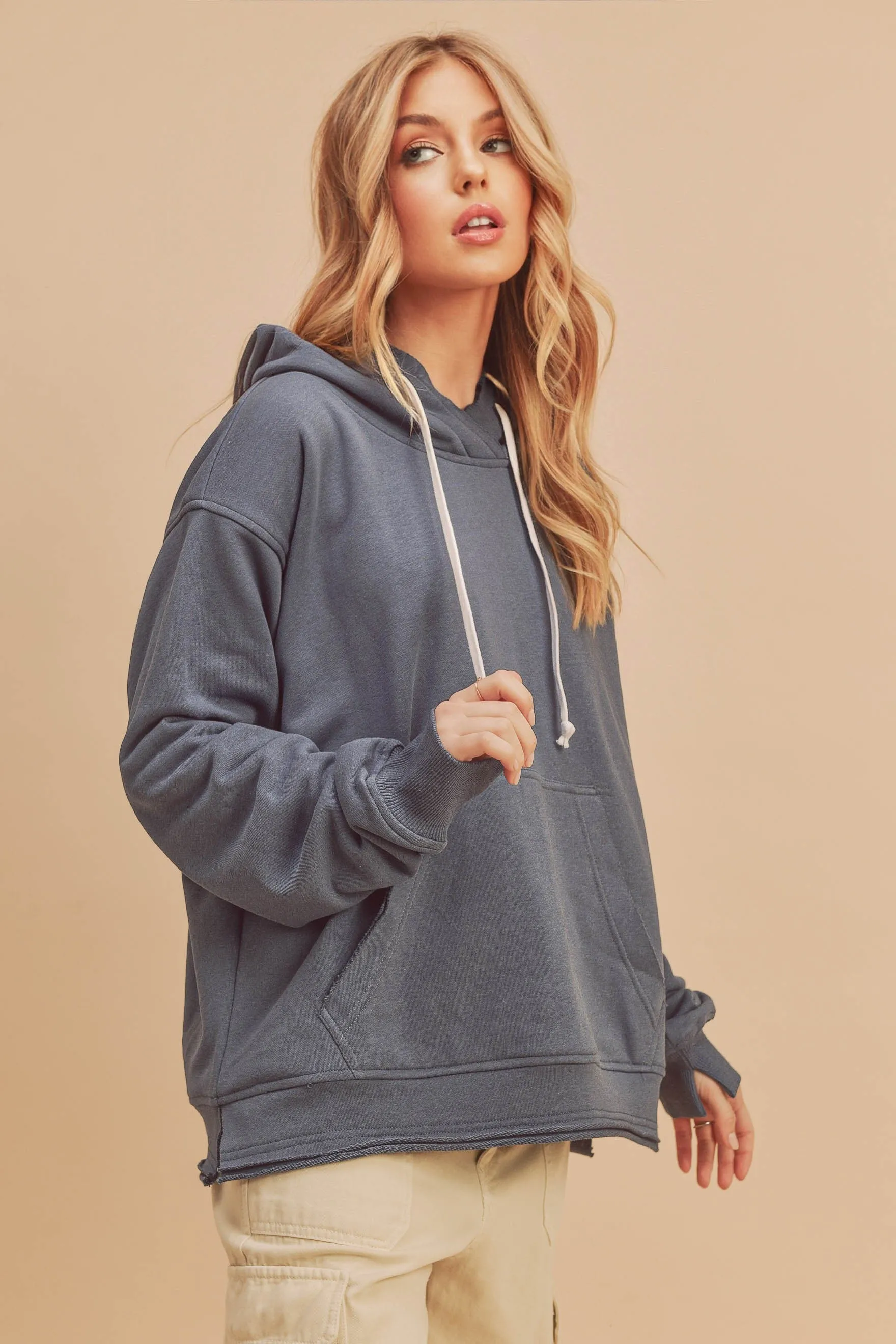 Blue Raw Edge Trim Drawstring Hoodie sold by Pinkblush product image thumbnail 2