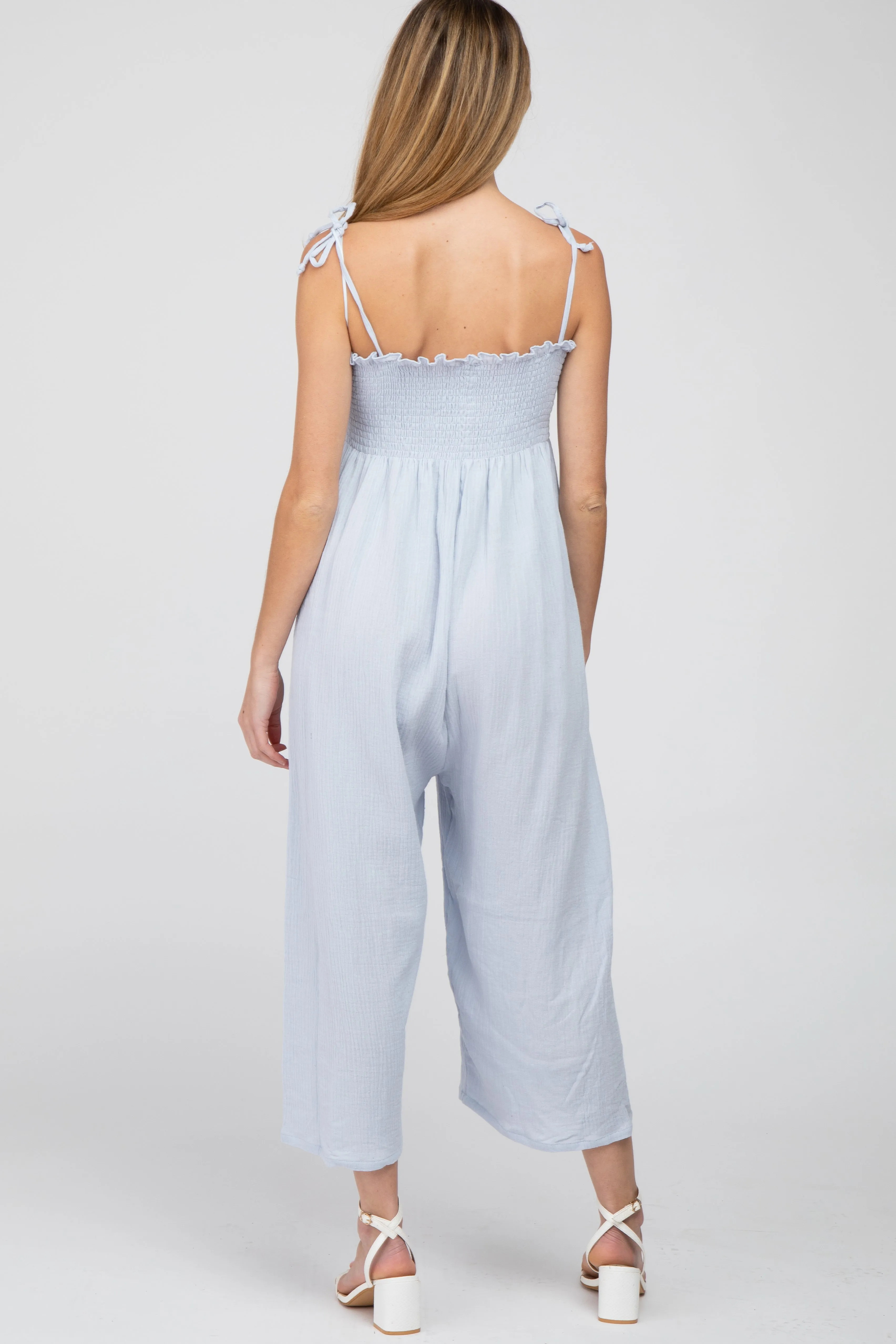 Light Blue Gauze Smocked Tie Strap Maternity Jumpsuit sold by Pinkblush product image thumbnail 3