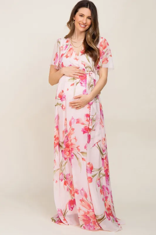Pink Tulip Floral Chiffon Wrap Front Short Sleeve Maternity Maxi Dress sold by Pinkblush
