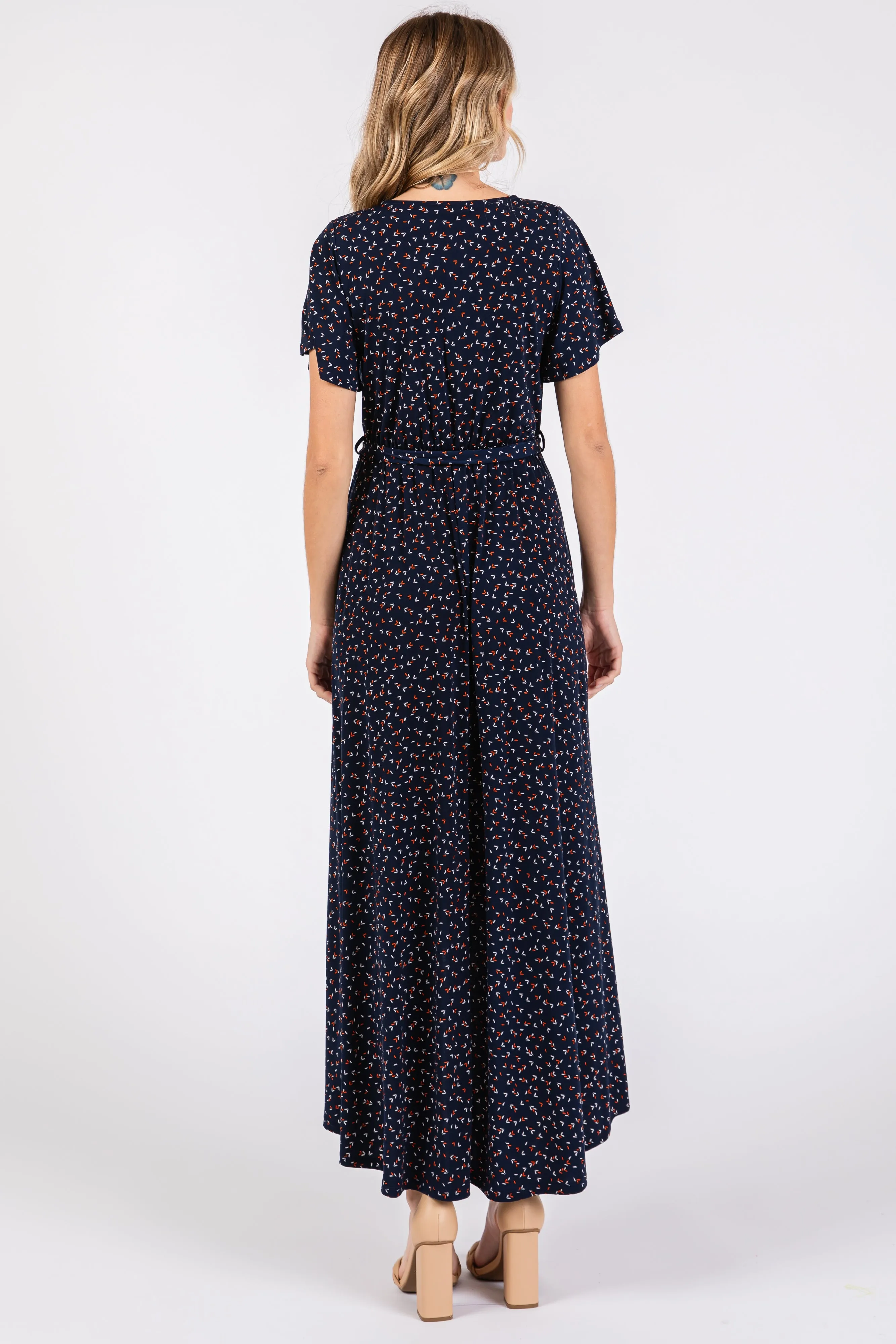 Navy Blue Wrap Front V-Neck Hi-Low Midi Dress sold by Pinkblush product image thumbnail 3
