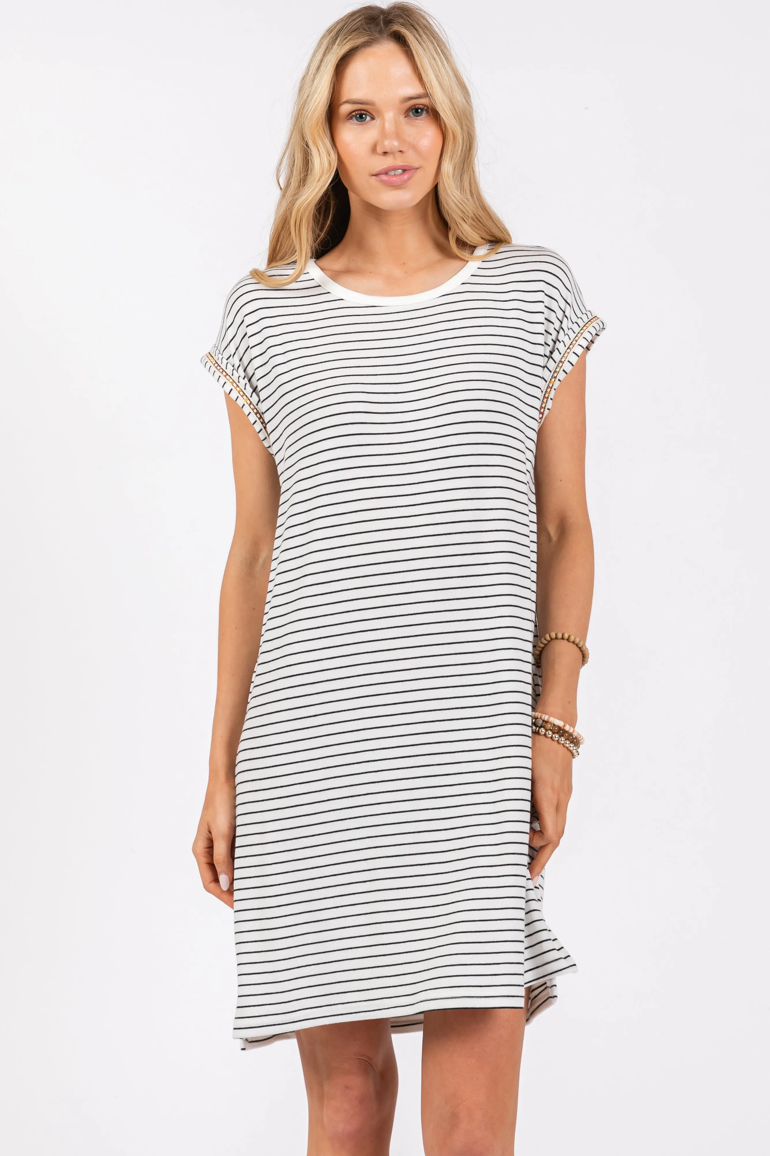 White Striped Maternity Side Slit T-Shirt Dress sold by Pinkblush product image thumbnail 2