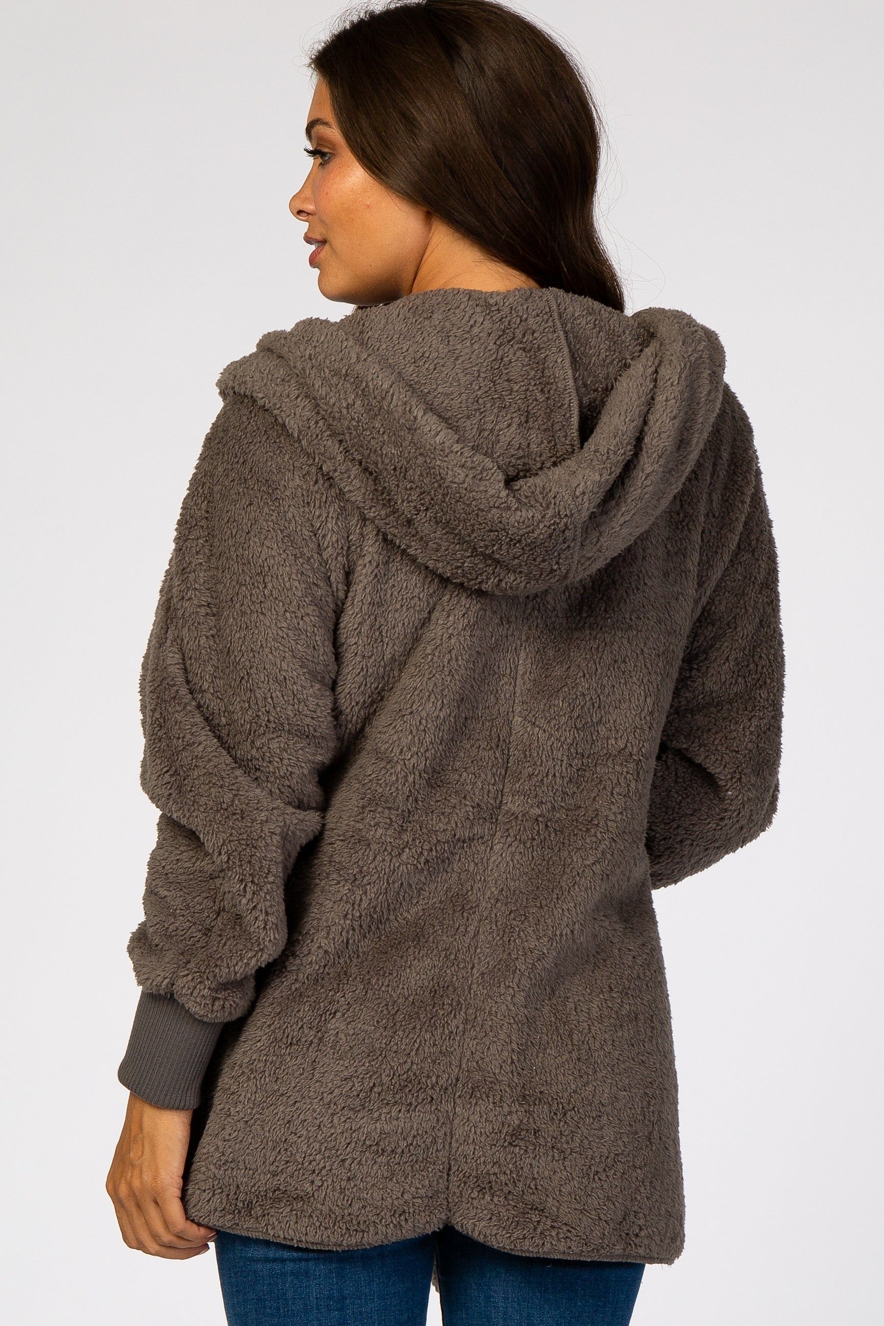 Charcoal Fuzzy Hooded Long Sleeve Maternity Jacket sold by Pinkblush product image thumbnail 4