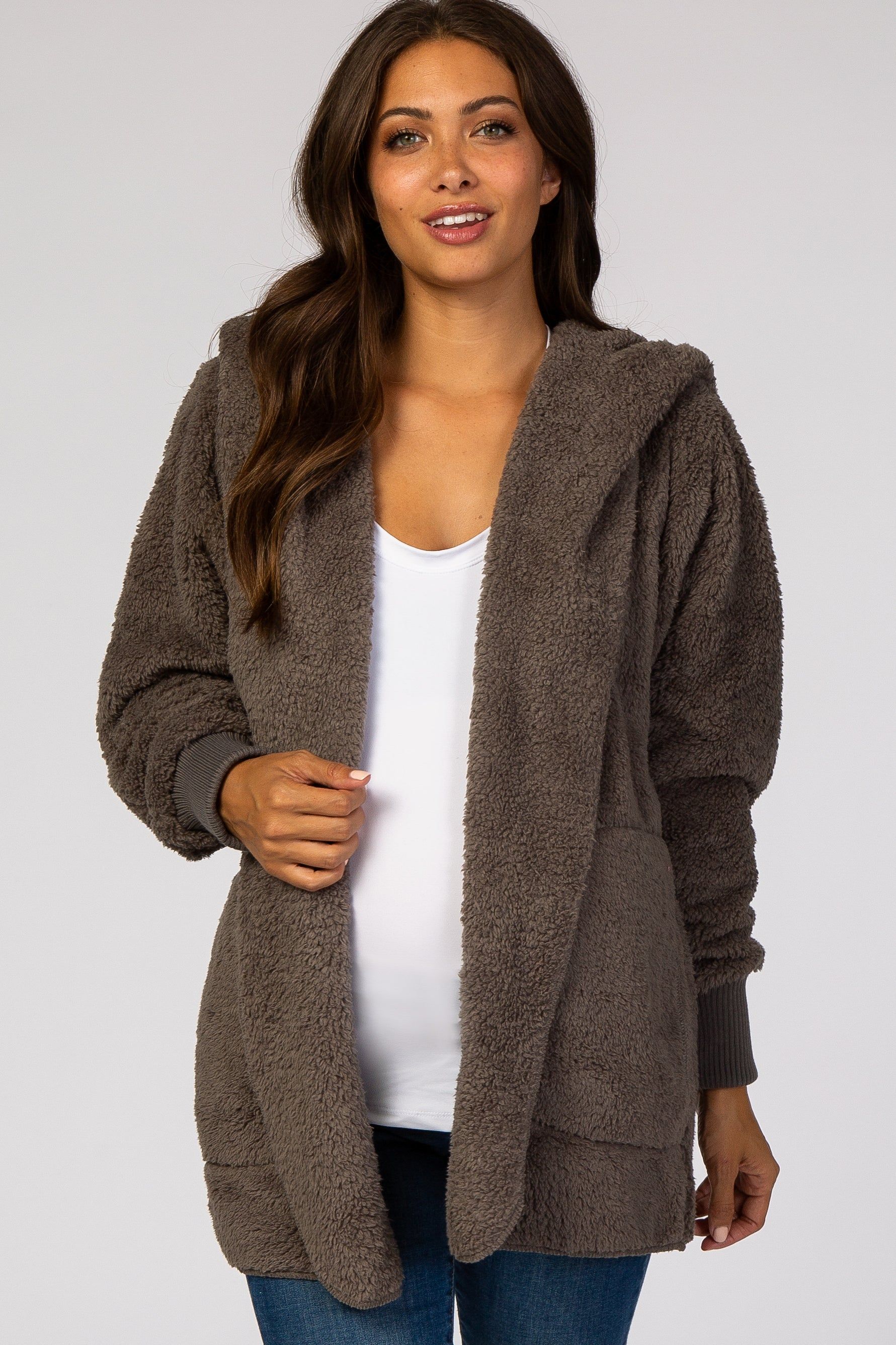 Charcoal Fuzzy Hooded Long Sleeve Maternity Jacket sold by Pinkblush
