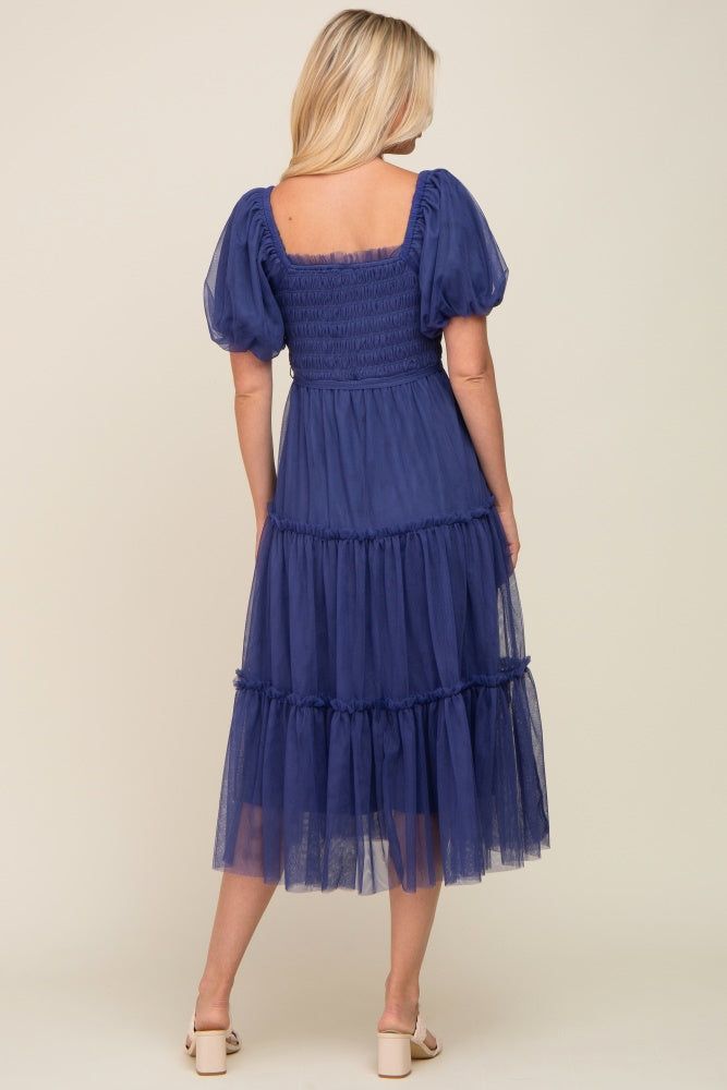 Navy Tulle Smocked Tiered Midi Dress sold by Pinkblush product image thumbnail 3