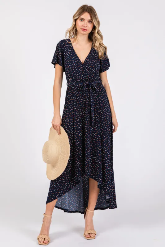 Navy Blue Wrap Front V-Neck Hi-Low Midi Dress sold by Pinkblush