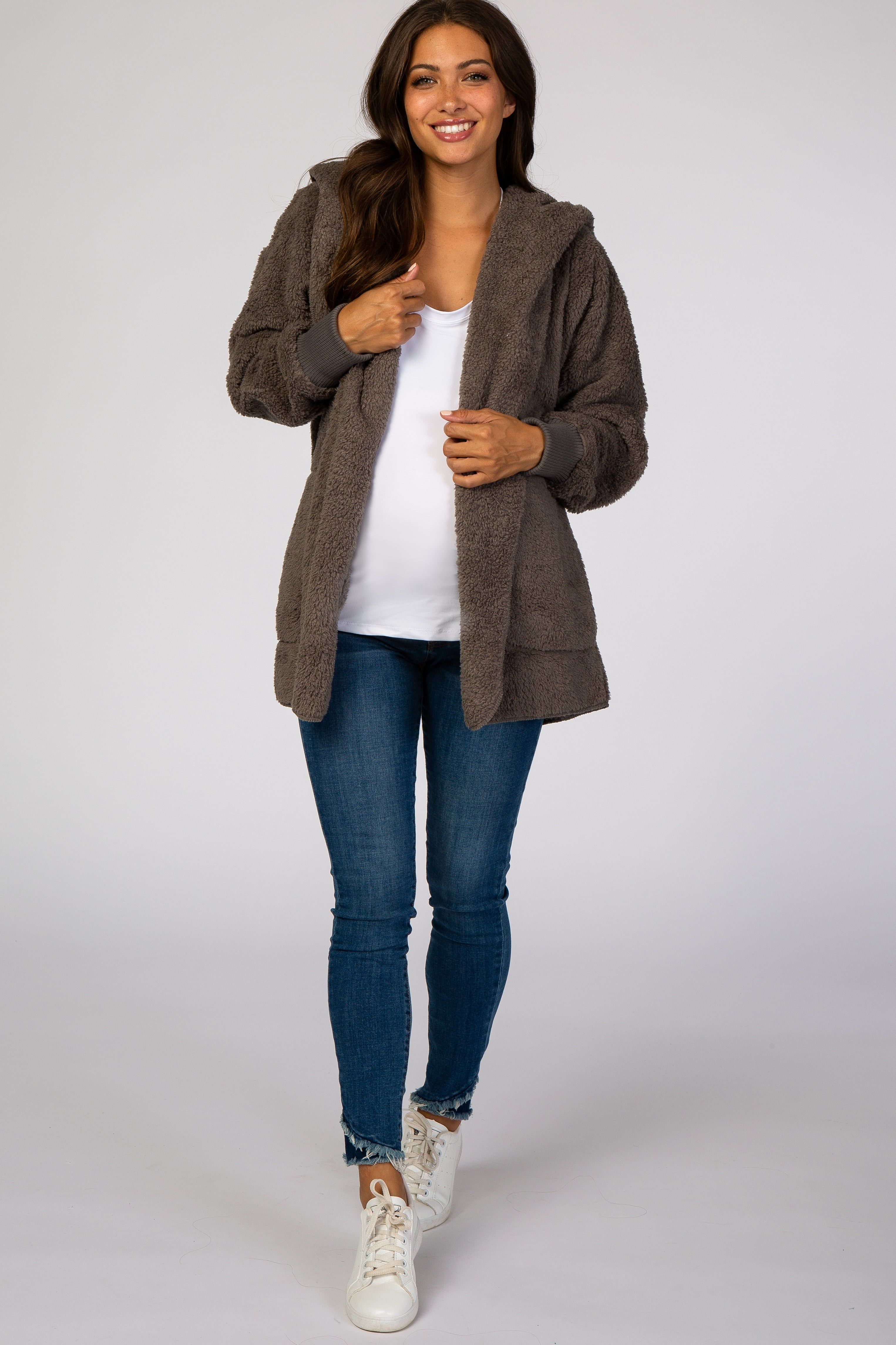 Charcoal Fuzzy Hooded Long Sleeve Maternity Jacket sold by Pinkblush product image thumbnail 2
