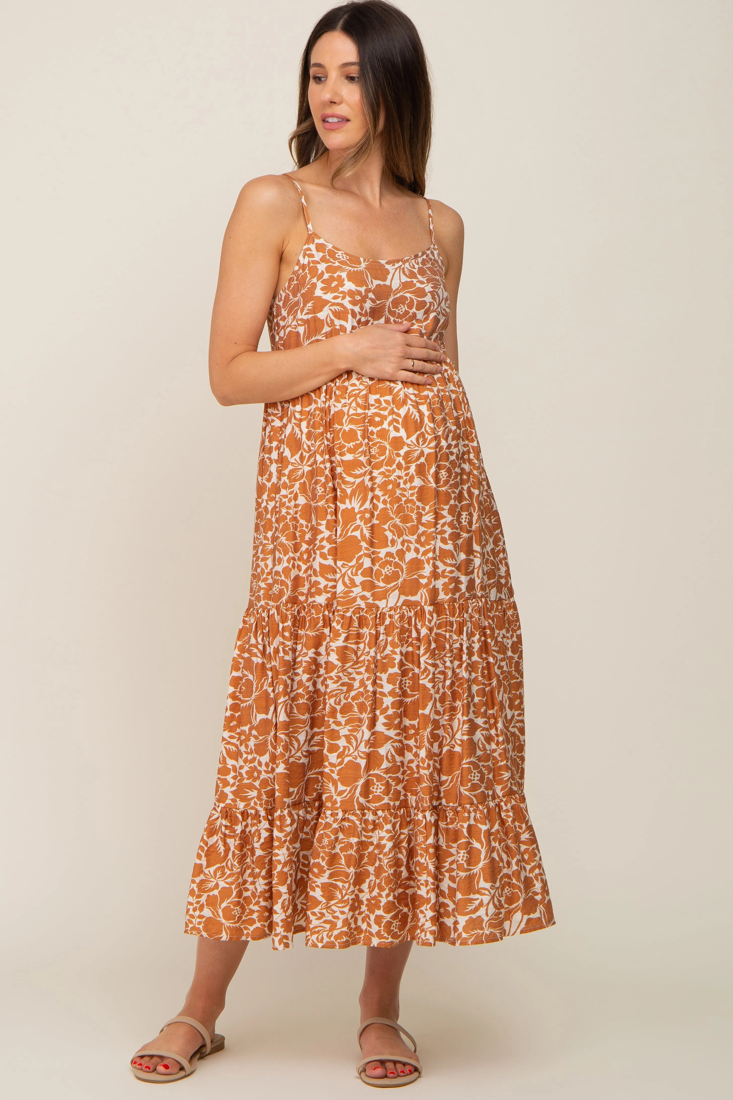 Rust Floral Tiered Maternity Midi Dress sold by Pinkblush