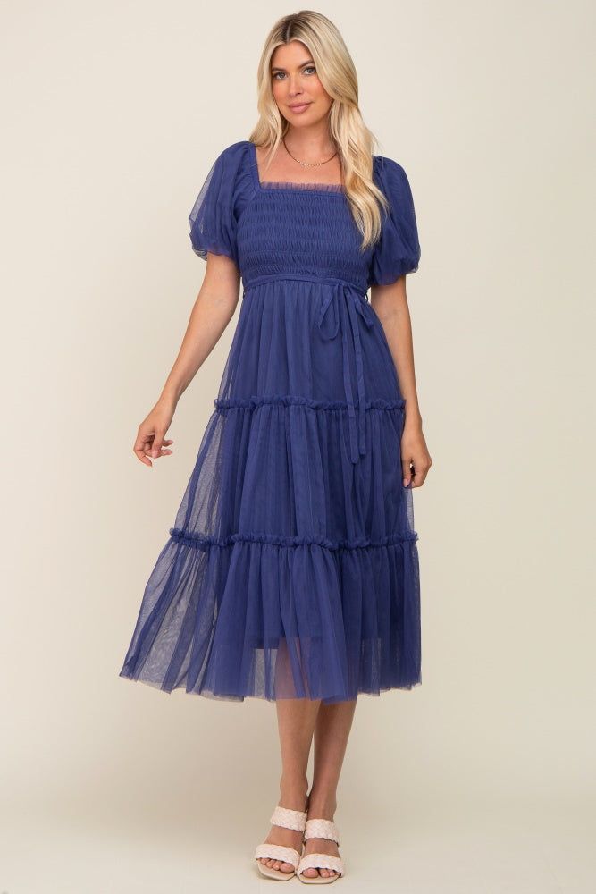 Navy Tulle Smocked Tiered Midi Dress sold by Pinkblush product image thumbnail 4