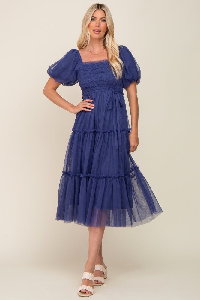 Navy Tulle Smocked Tiered Midi Dress sold by Pinkblush