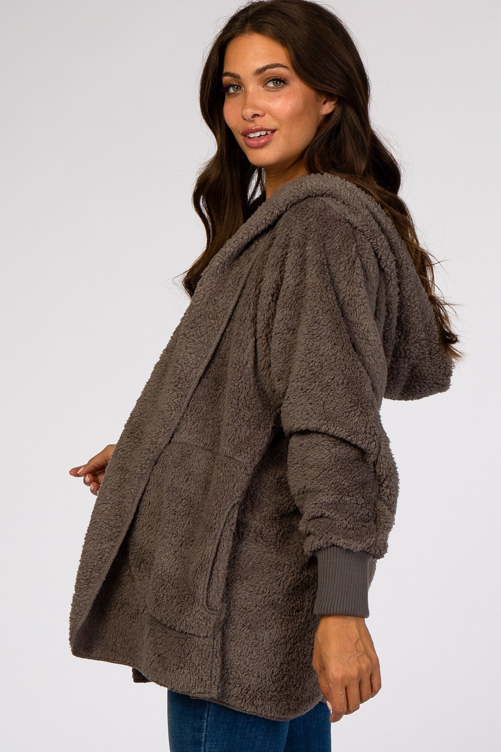Charcoal Fuzzy Hooded Long Sleeve Maternity Jacket sold by Pinkblush product image thumbnail 3