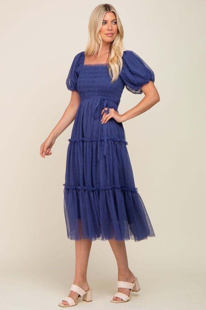 Navy Tulle Smocked Tiered Midi Dress sold by Pinkblush product image thumbnail 2