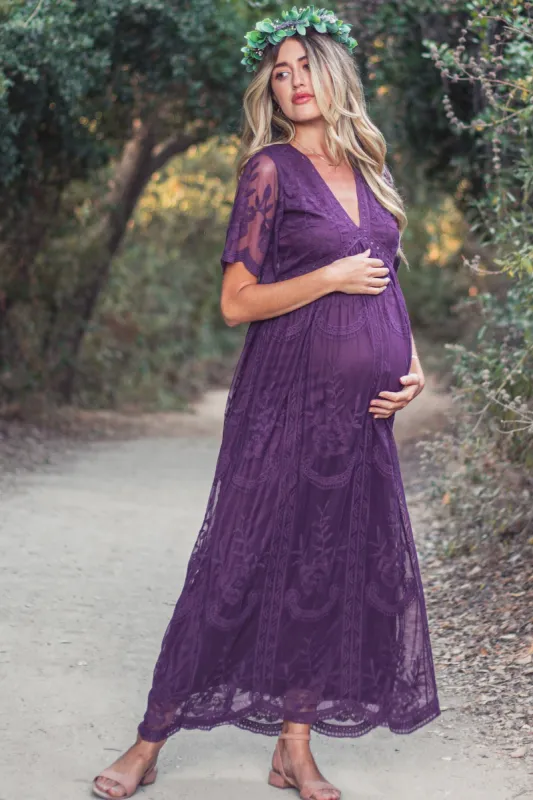 PinkBlush Plum Lace Mesh Overlay Maternity Maxi Dress sold by Pinkblush
