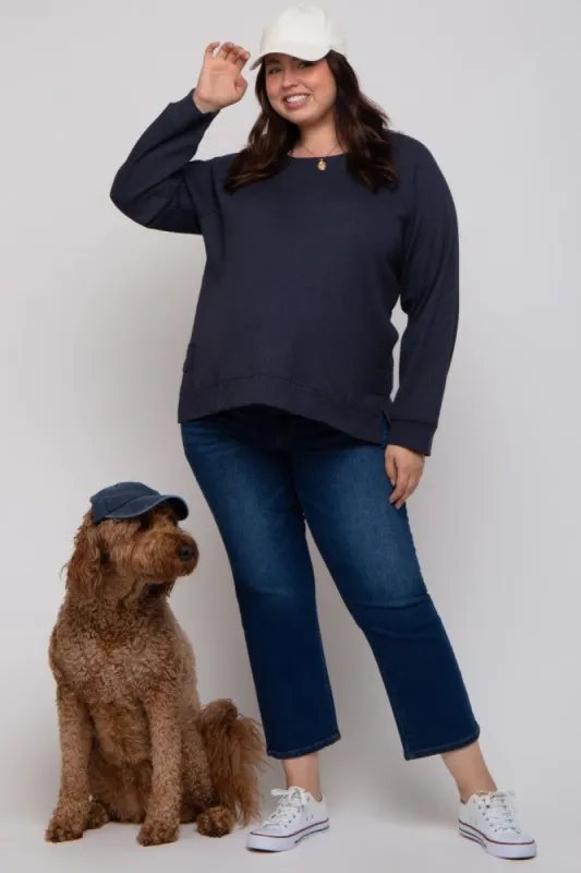 Navy Oversized Waffle Knit Maternity Plus Long Sleeve Top sold by Pinkblush