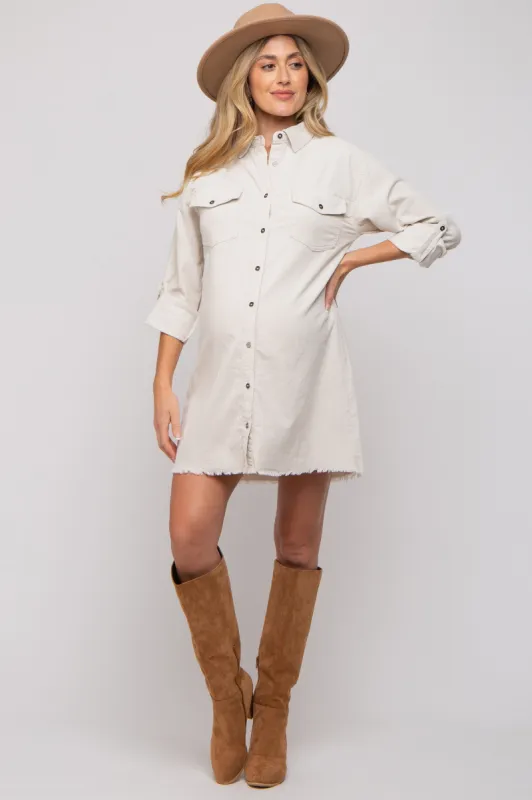 Cream Corduroy Button Front Fringe Hem Maternity Dress sold by Pinkblush