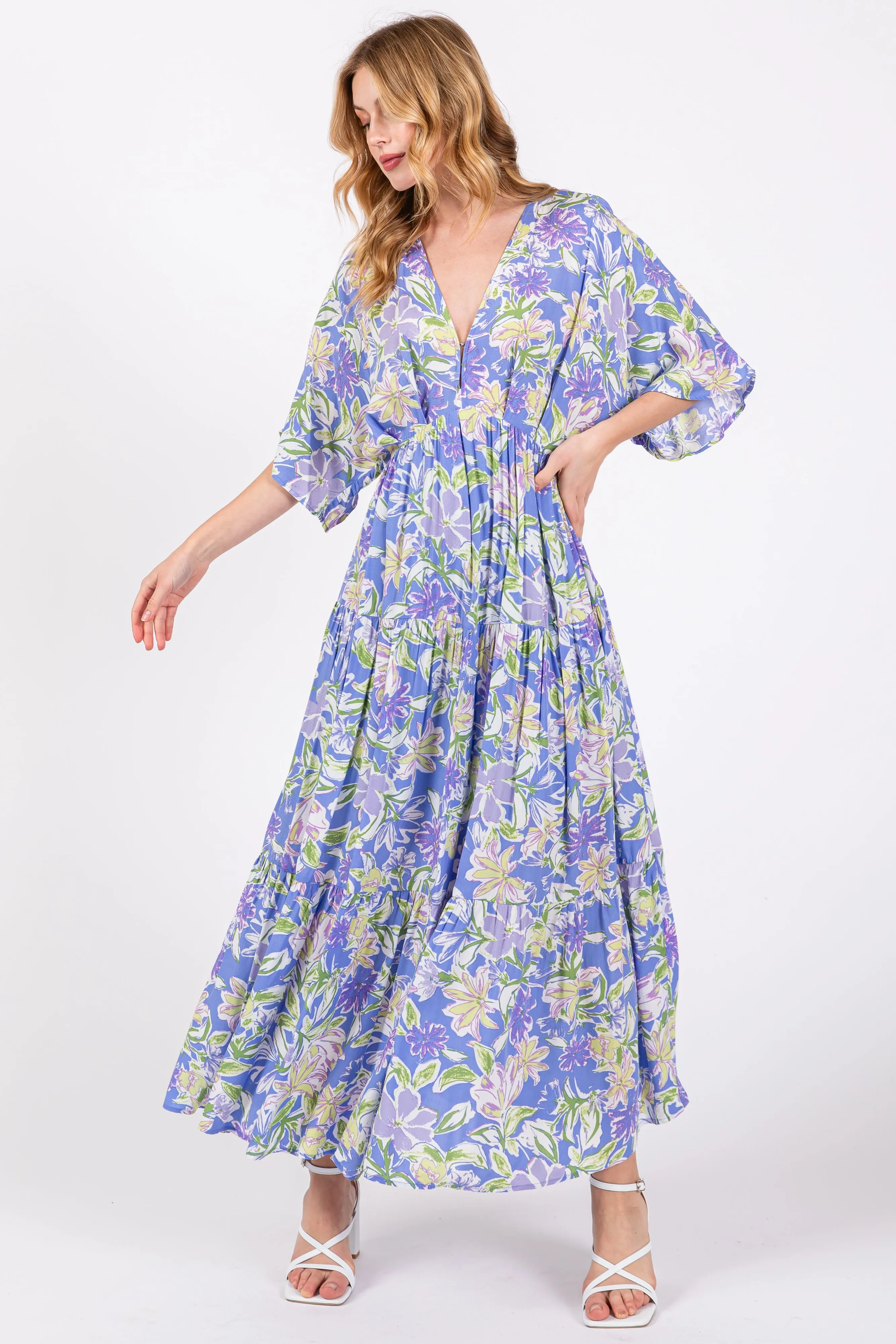 Blue Floral Dolman Sleeve Tiered Maternity Maxi Dress sold by Pinkblush product image thumbnail 5